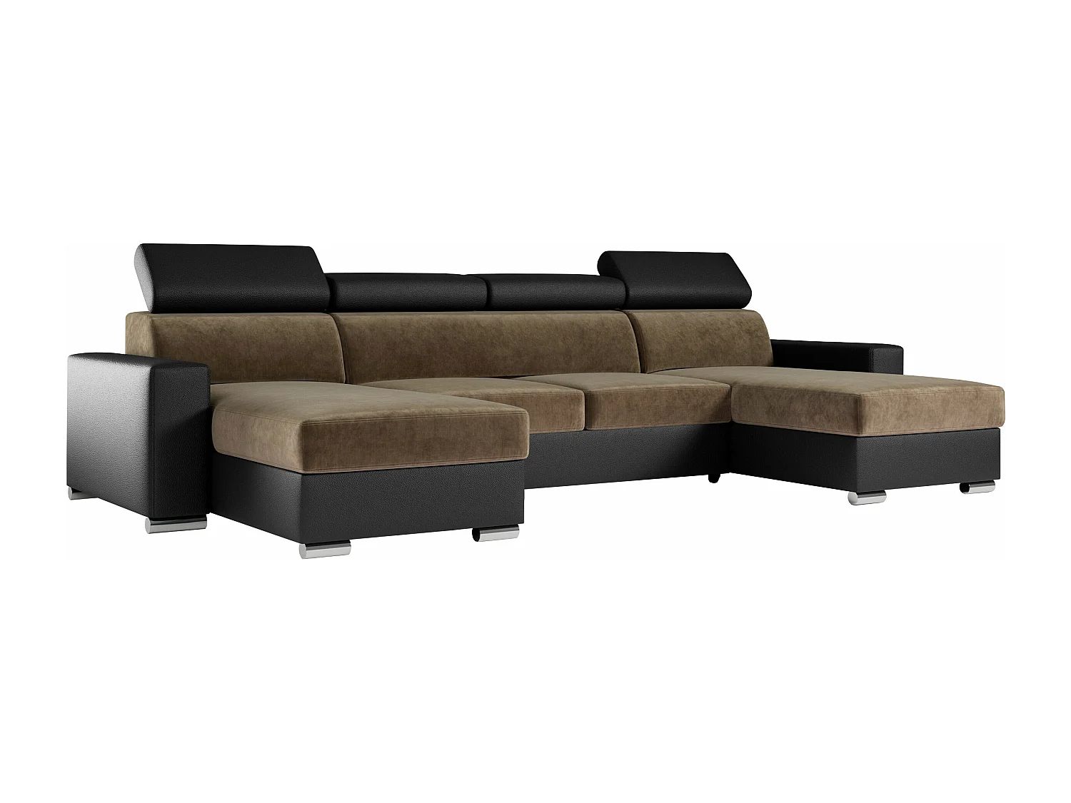 Ecksofa FOX U - verstellbare Kopfstützen, zwei Bettkästen, L-förmige Ecke mit Schlaffunktion, Armlehnen - Braun, Schwarz - Velvet, Kunstleder