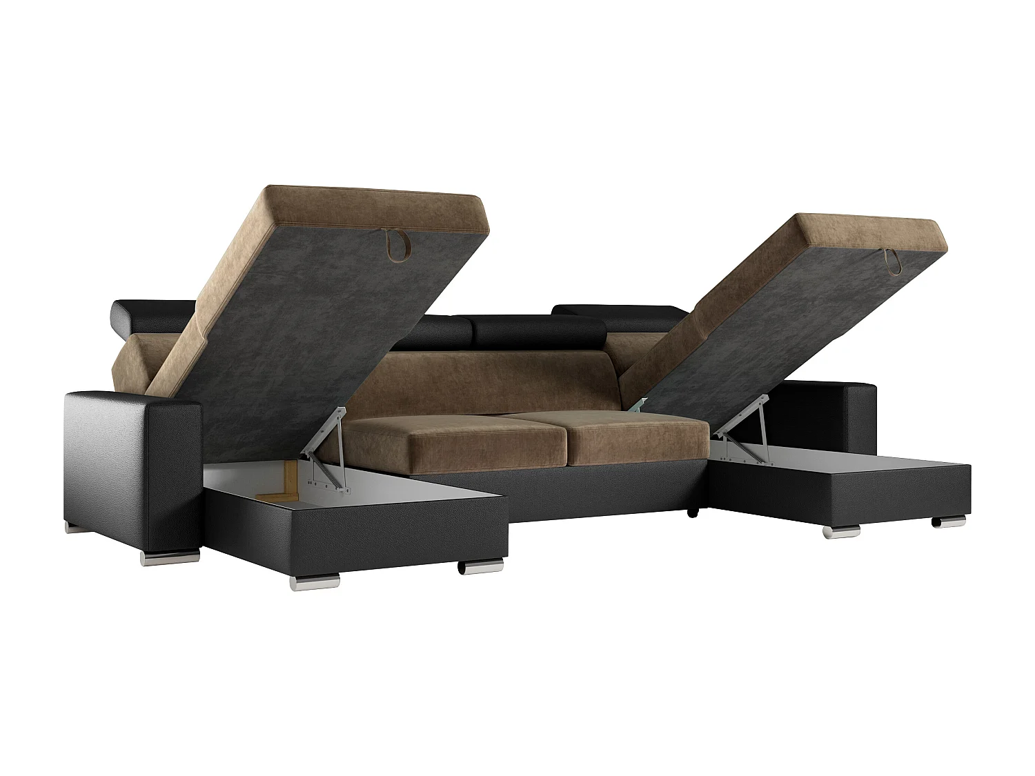 Ecksofa FOX U - verstellbare Kopfstützen, zwei Bettkästen, L-förmige Ecke mit Schlaffunktion, Armlehnen - Braun, Schwarz - Velvet, Kunstleder