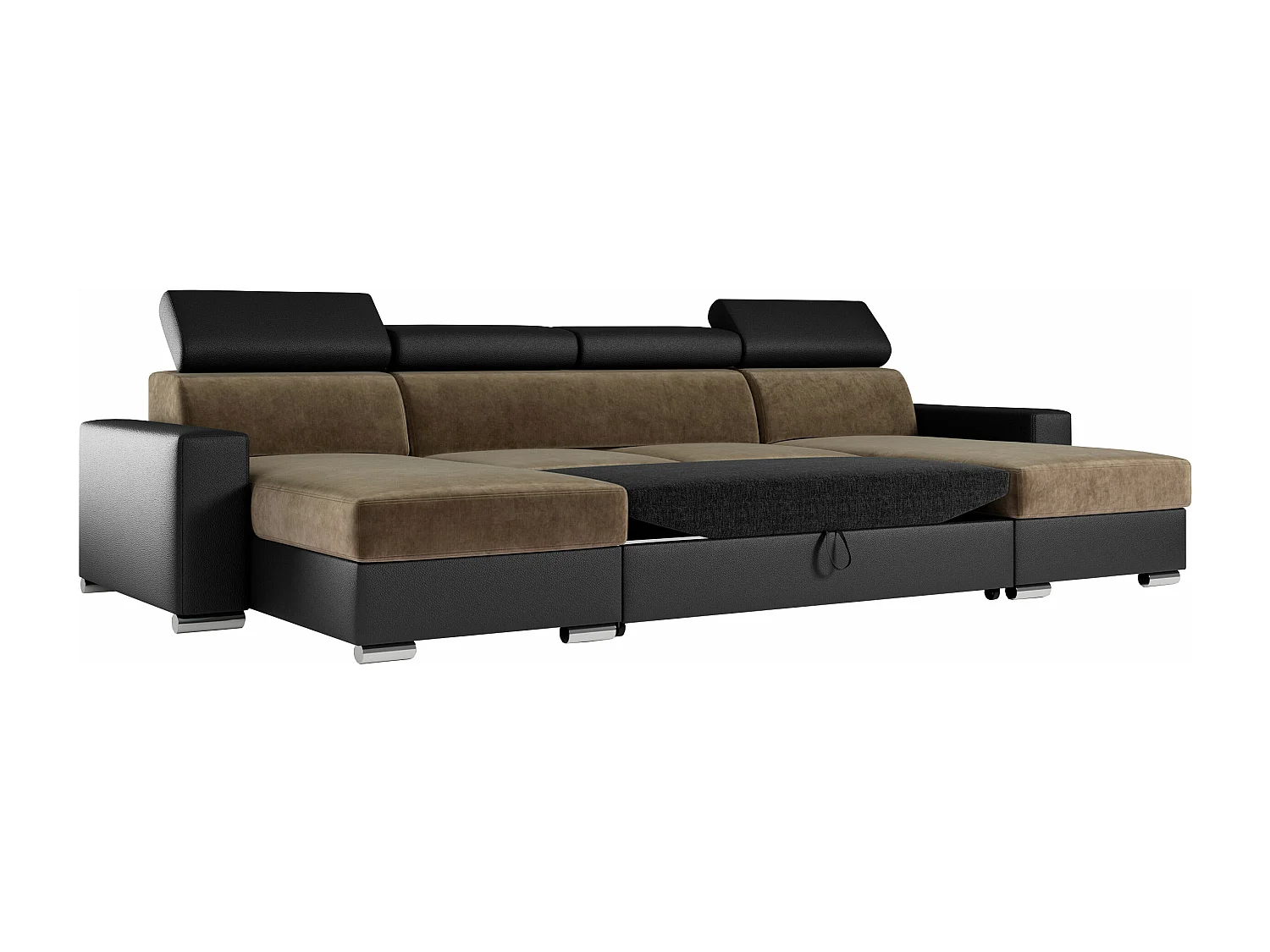 Ecksofa FOX U - verstellbare Kopfstützen, zwei Bettkästen, L-förmige Ecke mit Schlaffunktion, Armlehnen - Braun, Schwarz - Velvet, Kunstleder