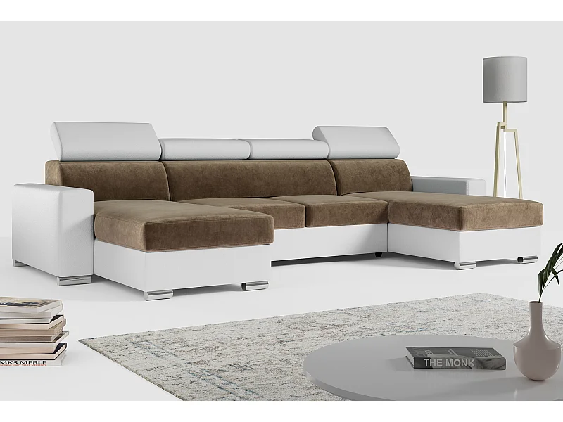Ecksofa FOX U - verstellbare Kopfstützen, zwei Bettkästen, L-förmige Ecke mit Schlaffunktion, Armlehnen - Braun, Weiß - Velvet, Kunstleder