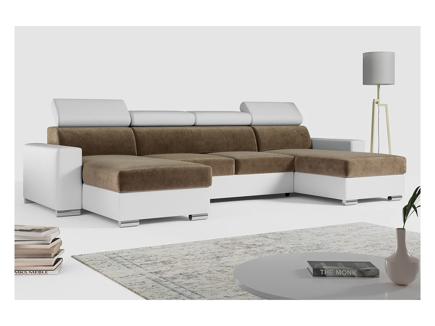 Ecksofa FOX U - verstellbare Kopfstützen, zwei Bettkästen, L-förmige Ecke mit Schlaffunktion, Armlehnen - Braun, Weiß - Velvet, Kunstleder