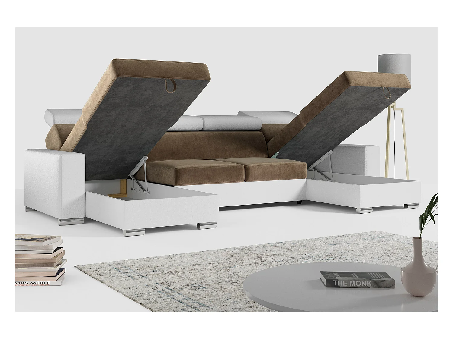 Ecksofa FOX U - verstellbare Kopfstützen, zwei Bettkästen, L-förmige Ecke mit Schlaffunktion, Armlehnen - Braun, Weiß - Velvet, Kunstleder