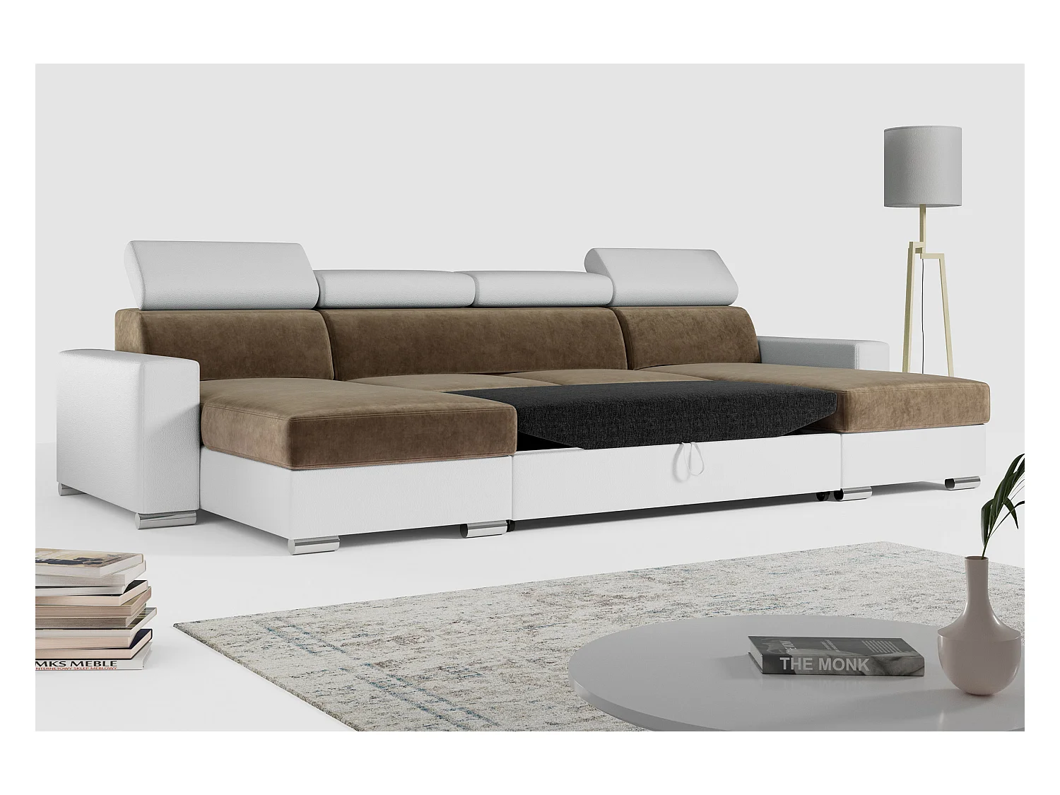 Ecksofa FOX U - verstellbare Kopfstützen, zwei Bettkästen, L-förmige Ecke mit Schlaffunktion, Armlehnen - Braun, Weiß - Velvet, Kunstleder