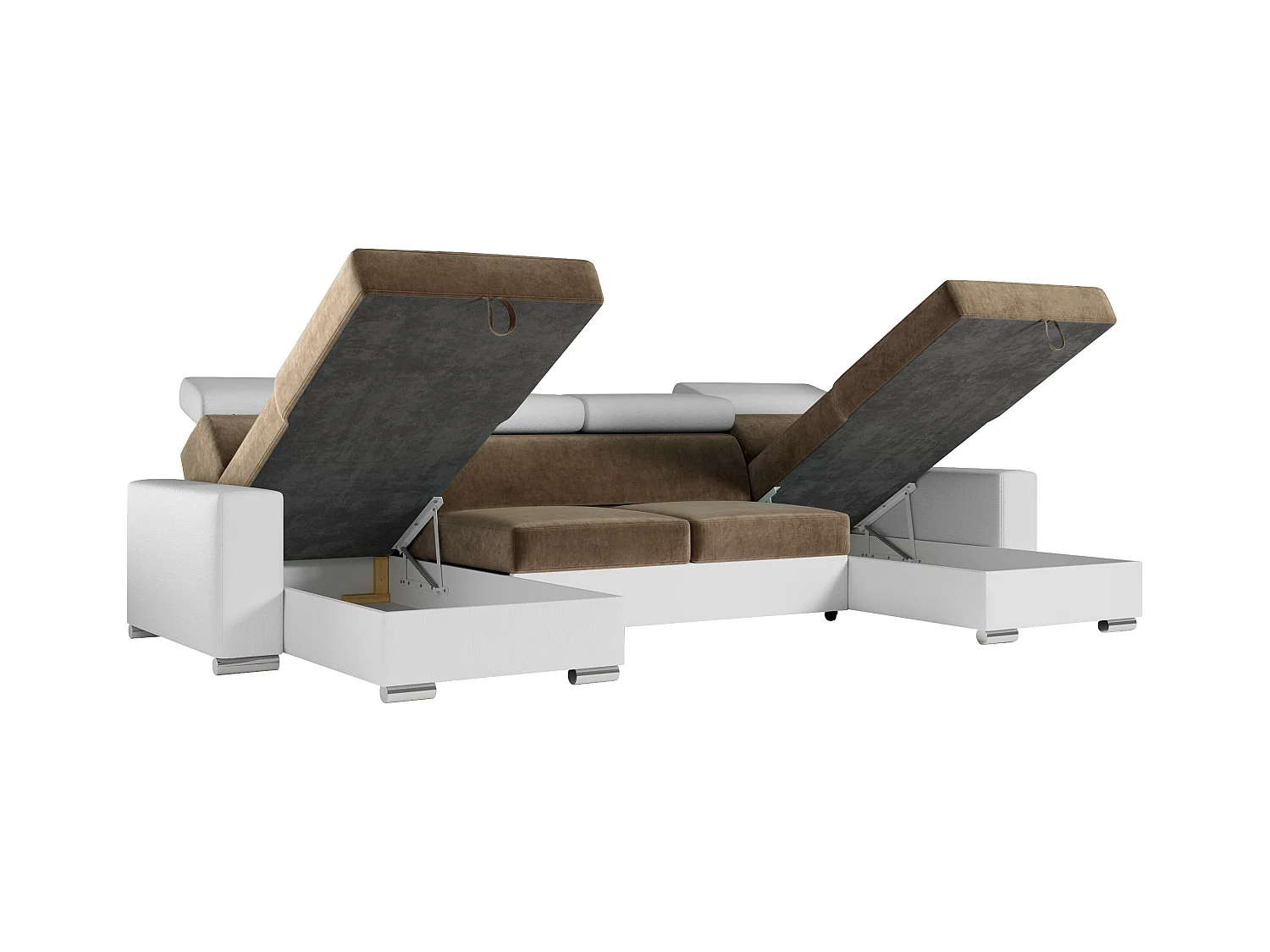 Ecksofa FOX U - verstellbare Kopfstützen, zwei Bettkästen, L-förmige Ecke mit Schlaffunktion, Armlehnen - Braun, Weiß - Velvet, Kunstleder