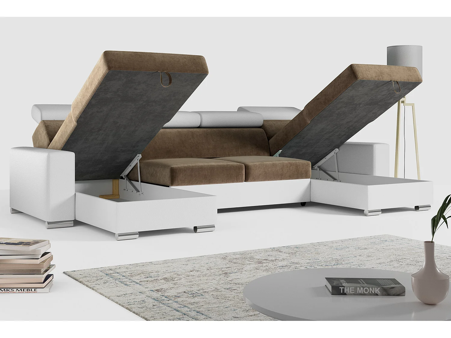 Ecksofa FOX U - verstellbare Kopfstützen, zwei Bettkästen, L-förmige Ecke mit Schlaffunktion, Armlehnen - Braun, Weiß - Velvet, Kunstleder