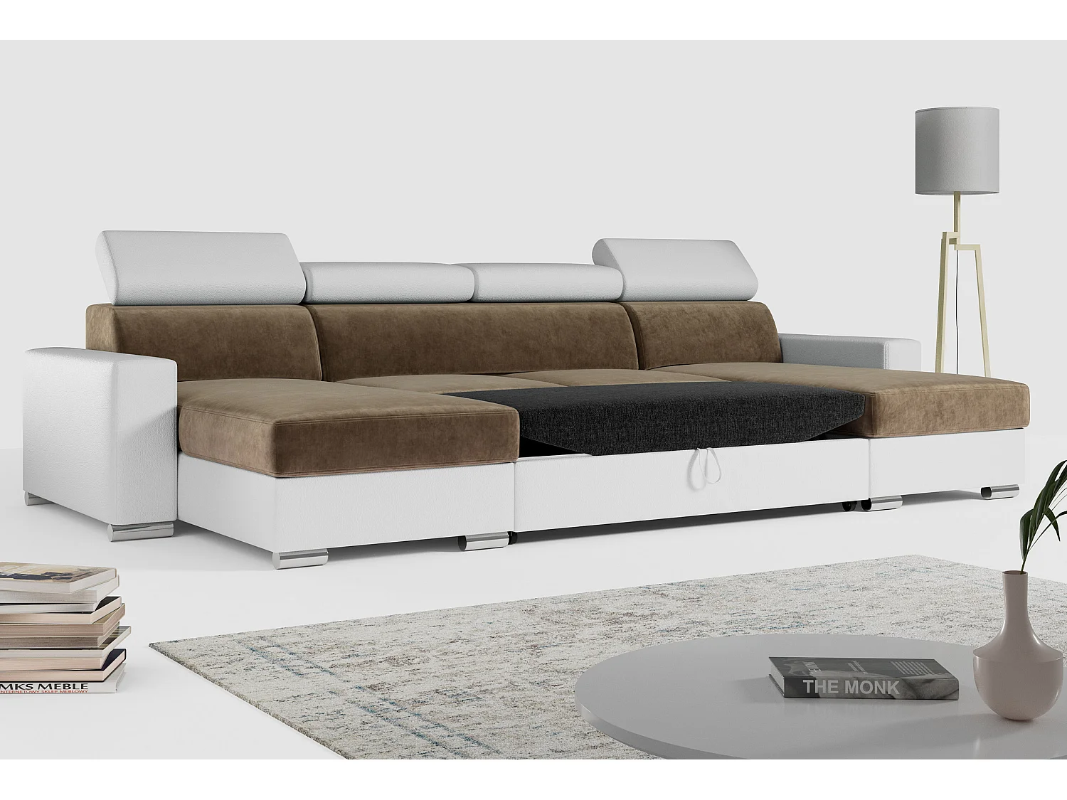 Ecksofa FOX U - verstellbare Kopfstützen, zwei Bettkästen, L-förmige Ecke mit Schlaffunktion, Armlehnen - Braun, Weiß - Velvet, Kunstleder