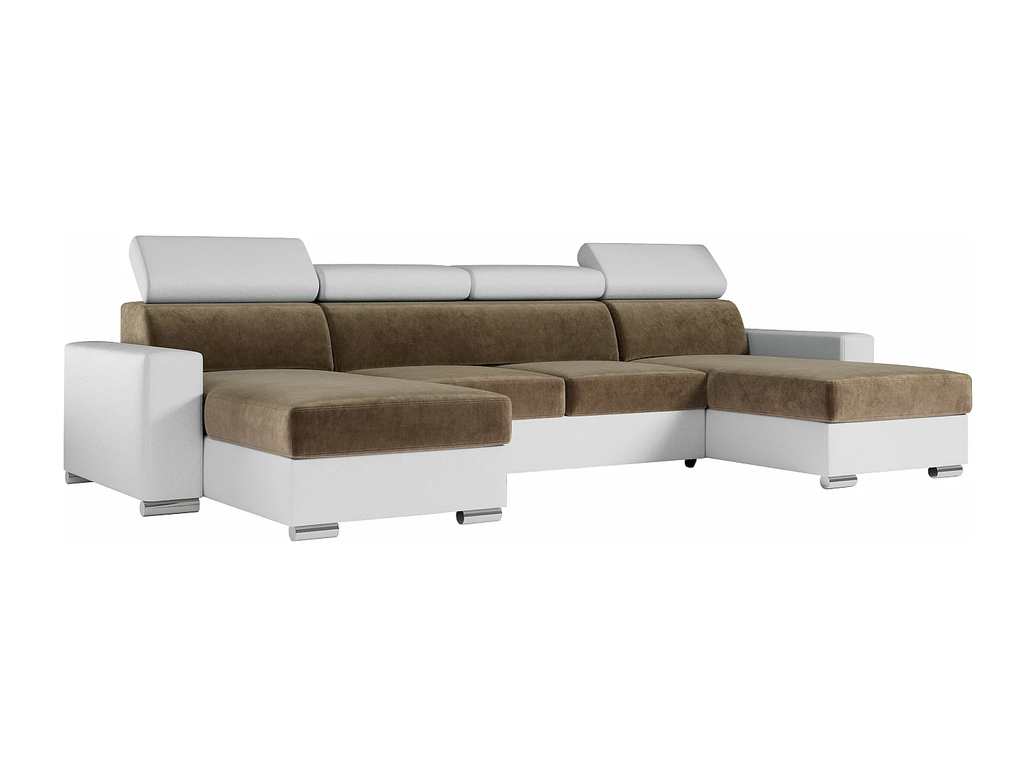 Ecksofa FOX U - verstellbare Kopfstützen, zwei Bettkästen, L-förmige Ecke mit Schlaffunktion, Armlehnen - Braun, Weiß - Velvet, Kunstleder