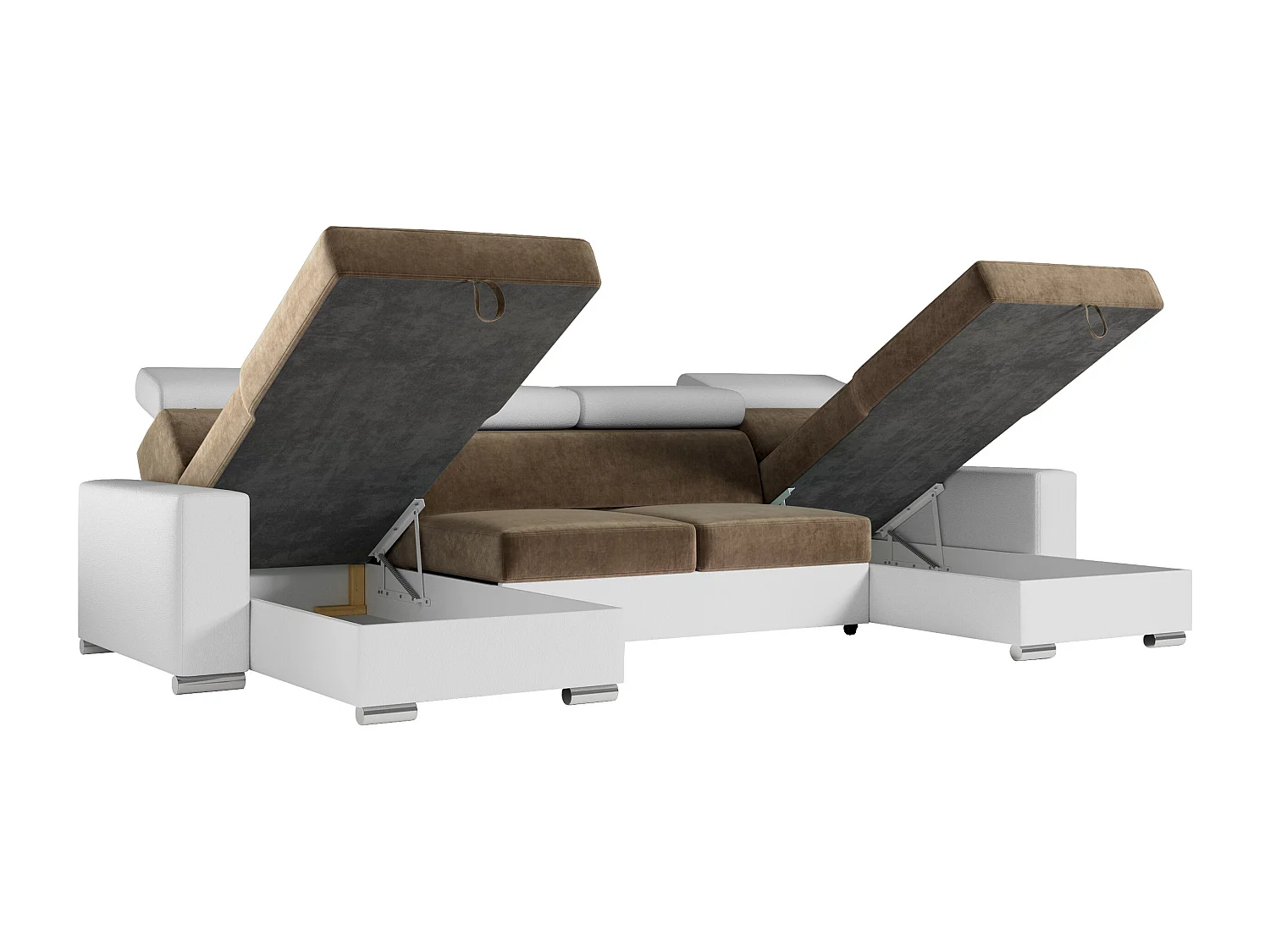 Ecksofa FOX U - verstellbare Kopfstützen, zwei Bettkästen, L-förmige Ecke mit Schlaffunktion, Armlehnen - Braun, Weiß - Velvet, Kunstleder