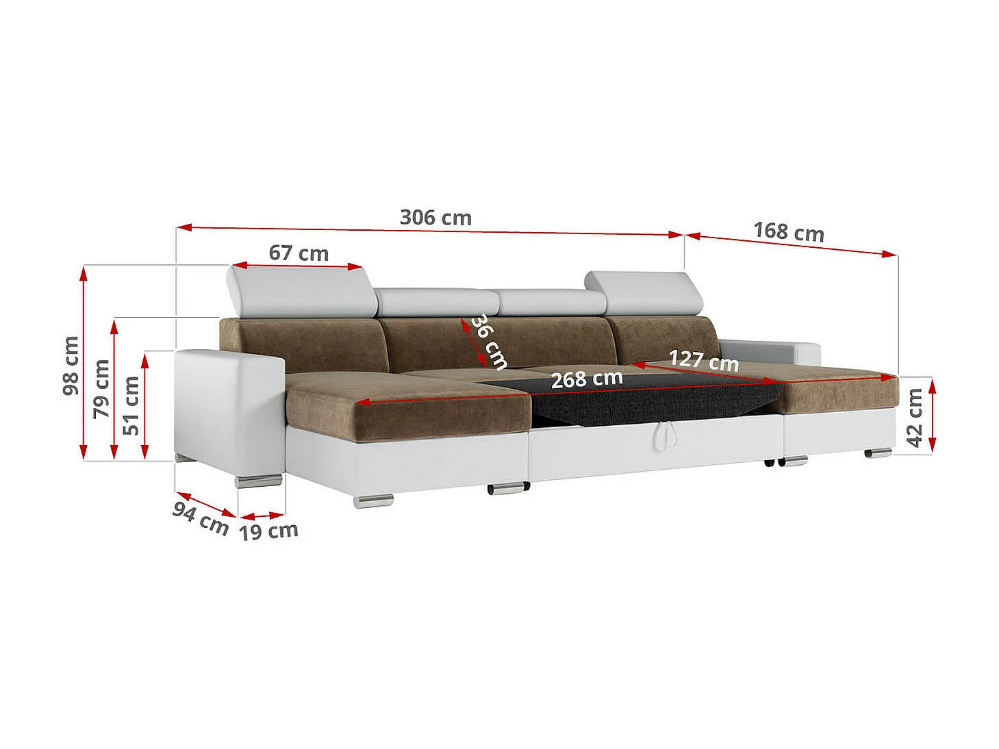 Ecksofa FOX U - verstellbare Kopfstützen, zwei Bettkästen, L-förmige Ecke mit Schlaffunktion, Armlehnen - Braun, Weiß - Velvet, Kunstleder