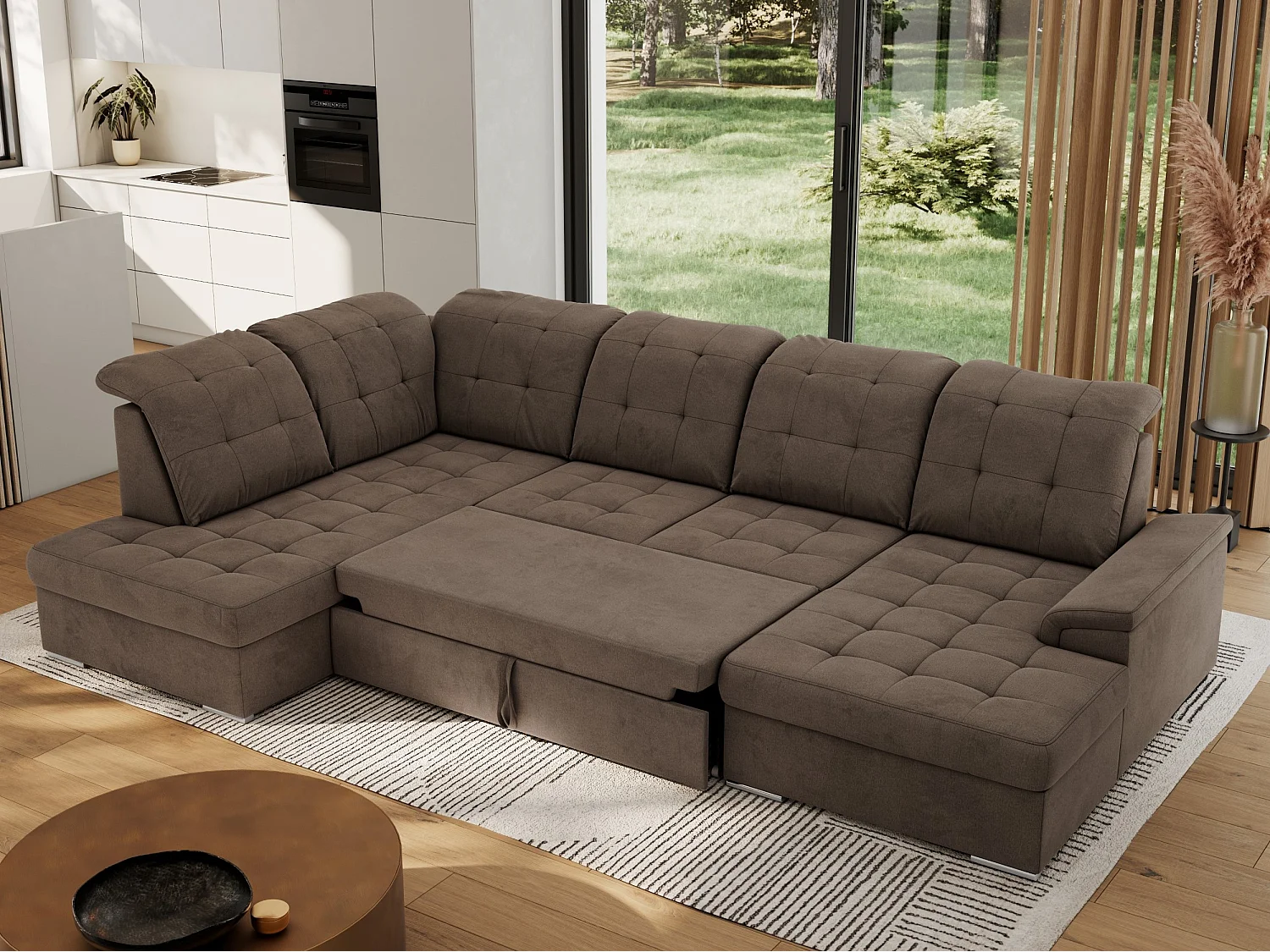 Ecksofa MADRITO U - mit verstellbarer Rückenlehne, Armlehne, L-förmige Ecke, Bettkasten - Braun Velvet - Ecke Links