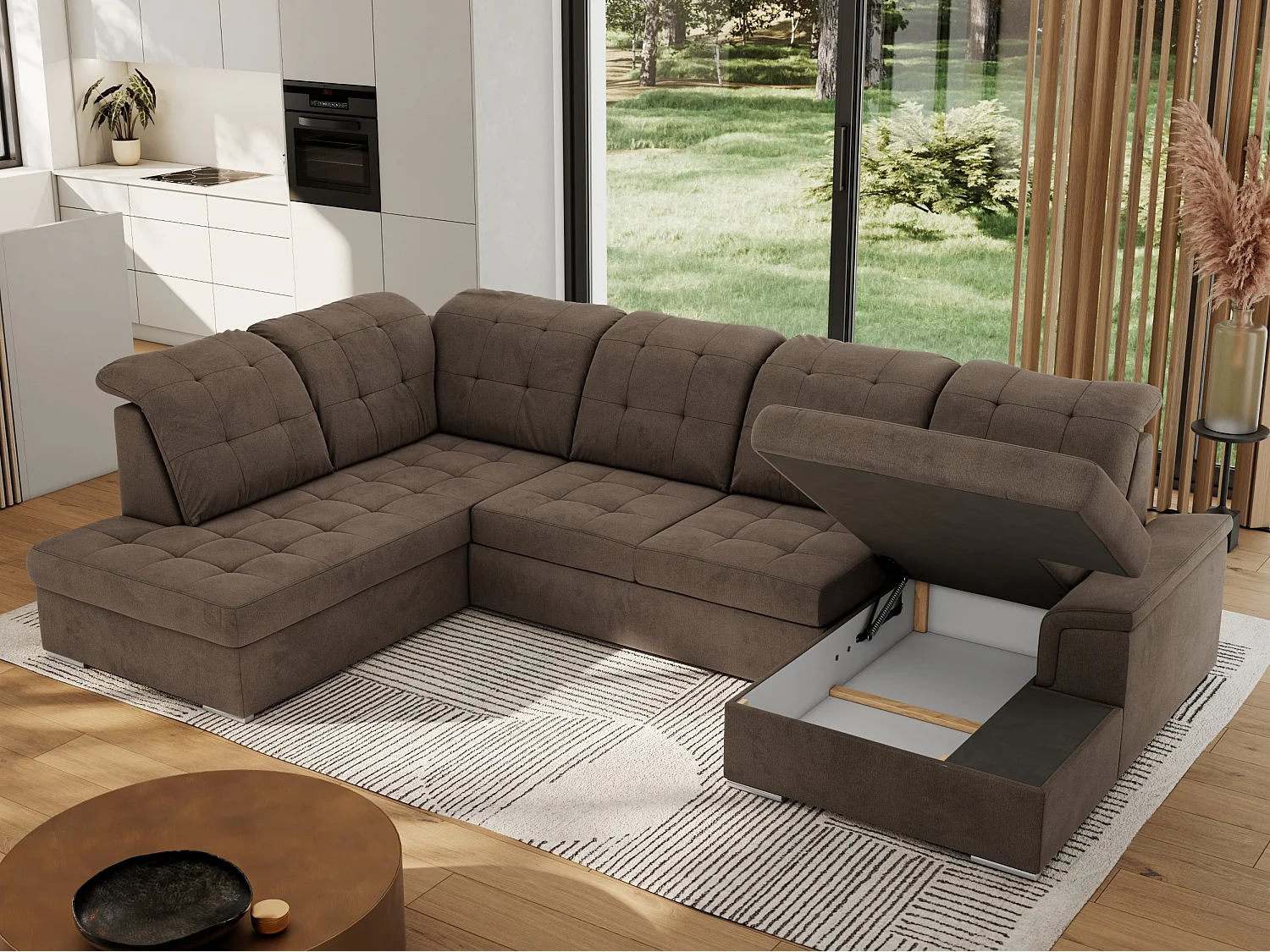 Ecksofa MADRITO U - mit verstellbarer Rückenlehne, Armlehne, L-förmige Ecke, Bettkasten - Braun Velvet - Ecke Links