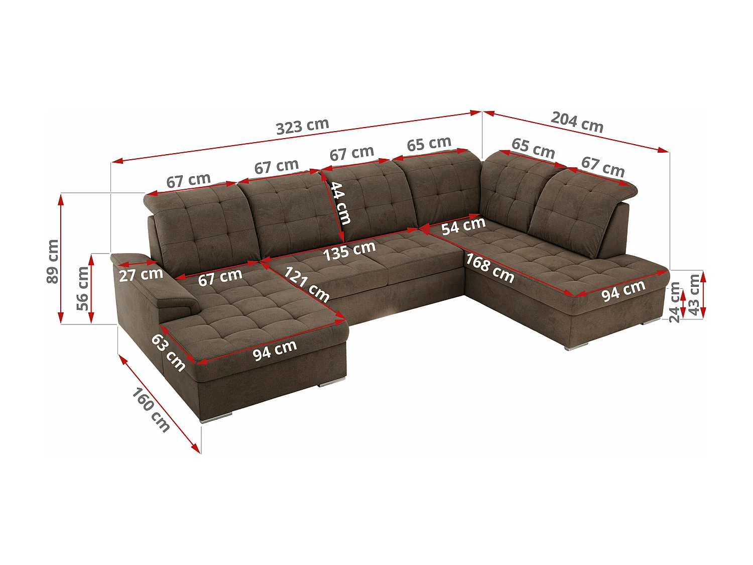 Ecksofa MADRITO U - mit verstellbarer Rückenlehne, Armlehne, L-förmige Ecke, Bettkasten - Braun Velvet - Ecke Links