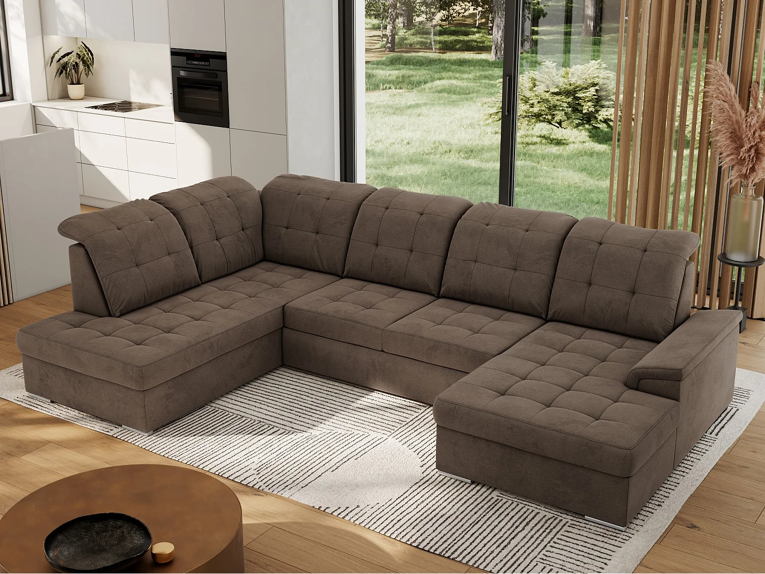 Ecksofa MADRITO U - mit verstellbarer Rückenlehne, Armlehne, L-förmige Ecke, Bettkasten - Braun Velvet - Ecke Links