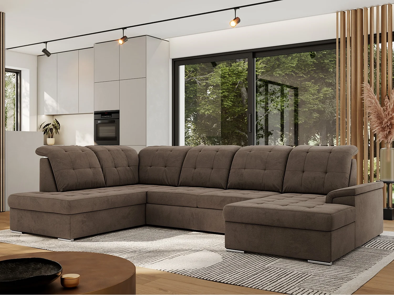 Ecksofa MADRITO U - mit verstellbarer Rückenlehne, Armlehne, L-förmige Ecke, Bettkasten - Braun Velvet - Ecke Links