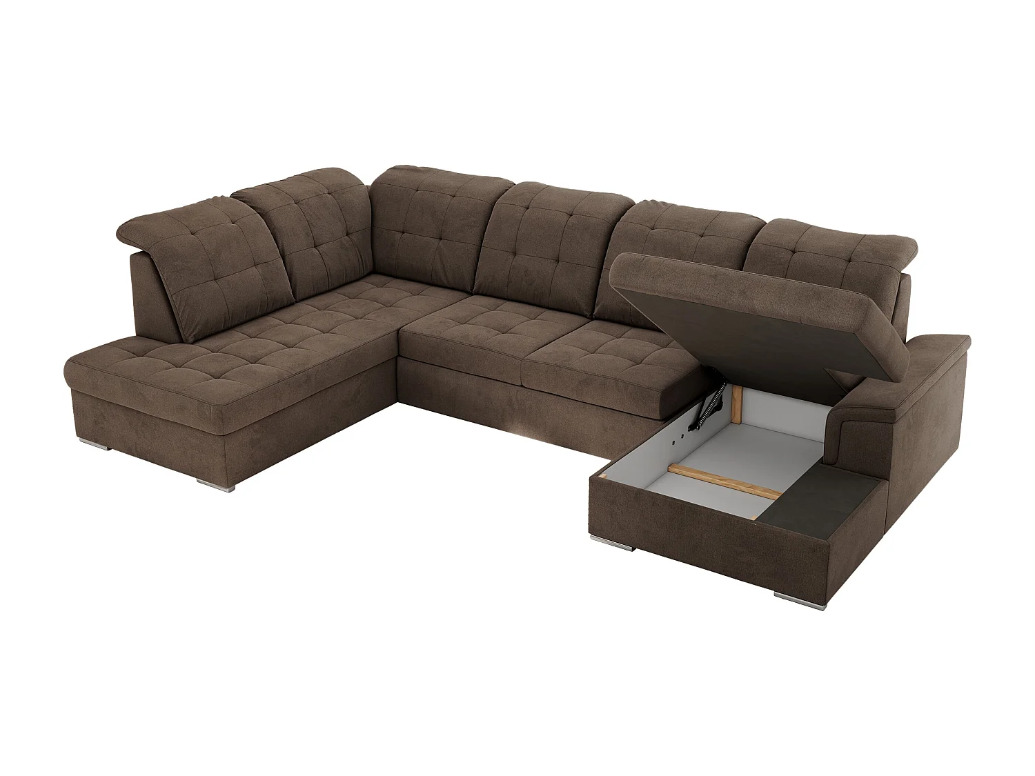 Ecksofa MADRITO U - mit verstellbarer Rückenlehne, Armlehne, L-förmige Ecke, Bettkasten - Braun Velvet - Ecke Links