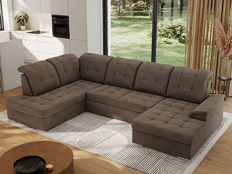 Ecksofa MADRITO U - mit verstellbarer Rückenlehne, Armlehne, L-förmige Ecke, Bettkasten - Braun Velvet - Ecke Links
