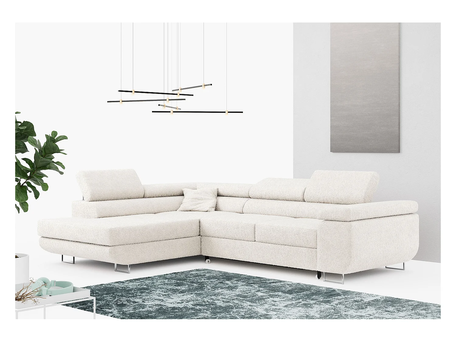 Ecksofa GUSTAW - mit Schlaffunktion, verstellbare Kopfstützen, Metallbeine - Weiß Boucle - Ecke Links