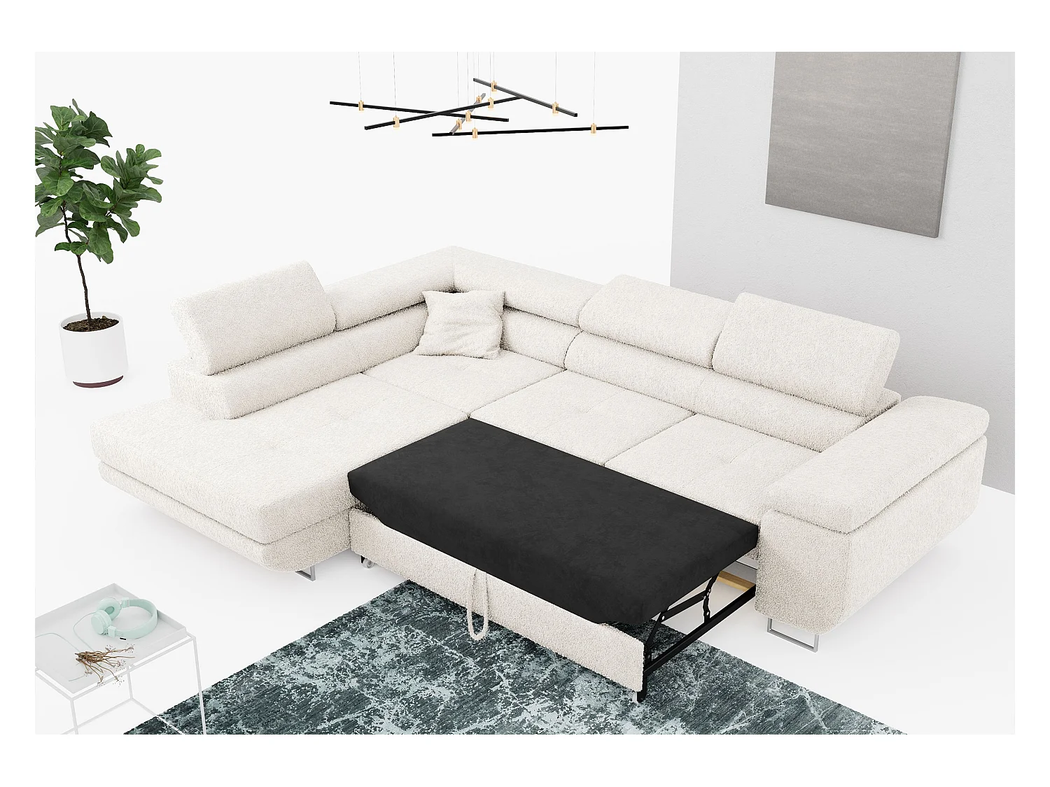 Ecksofa GUSTAW - mit Schlaffunktion, verstellbare Kopfstützen, Metallbeine - Weiß Boucle - Ecke Links