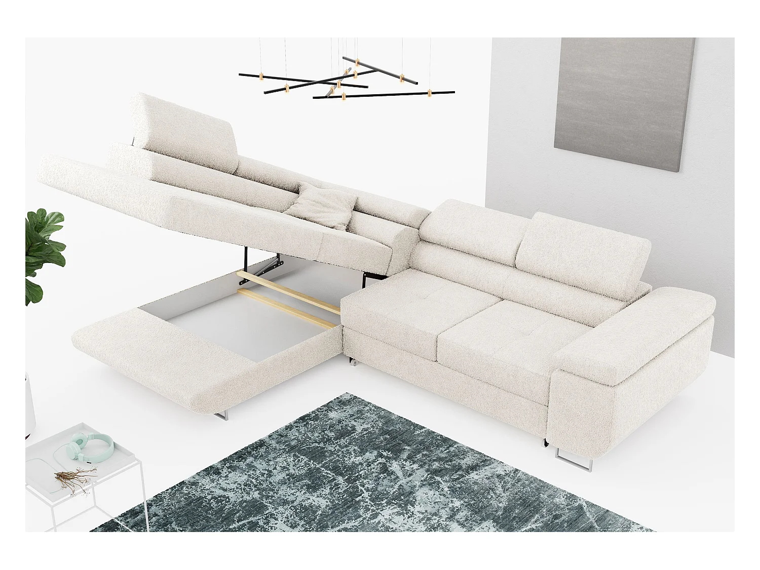 Ecksofa GUSTAW - mit Schlaffunktion, verstellbare Kopfstützen, Metallbeine - Weiß Boucle - Ecke Links