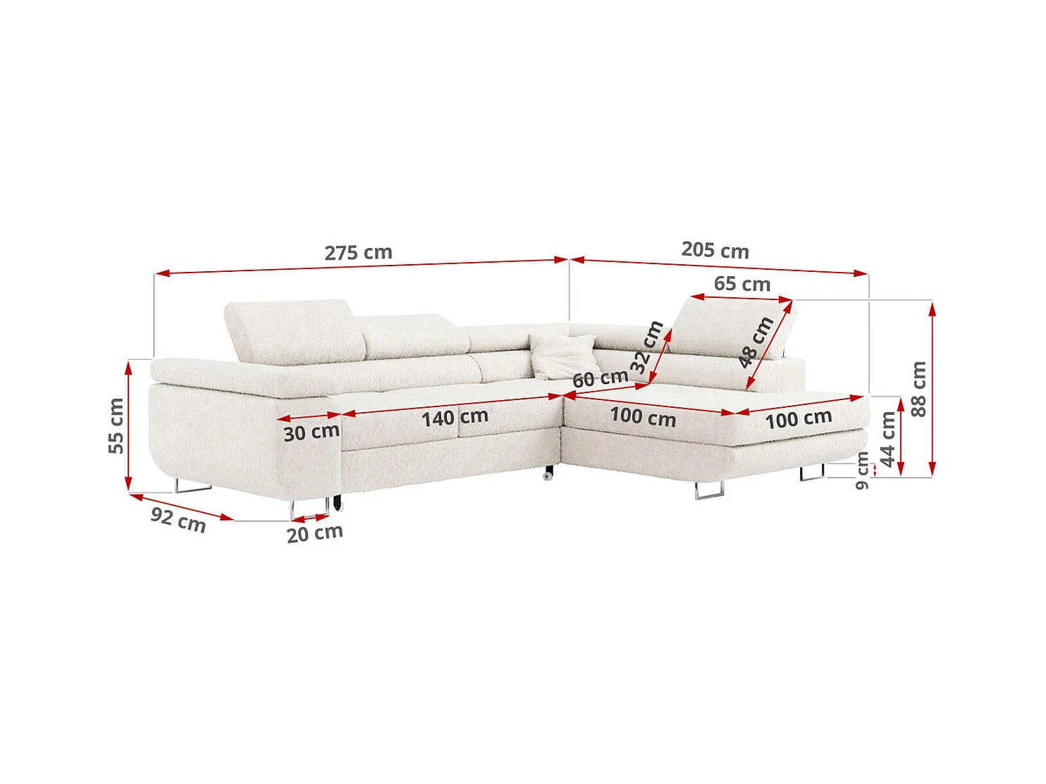 Ecksofa GUSTAW - mit Schlaffunktion, verstellbare Kopfstützen, Metallbeine - Weiß Boucle - Ecke Links