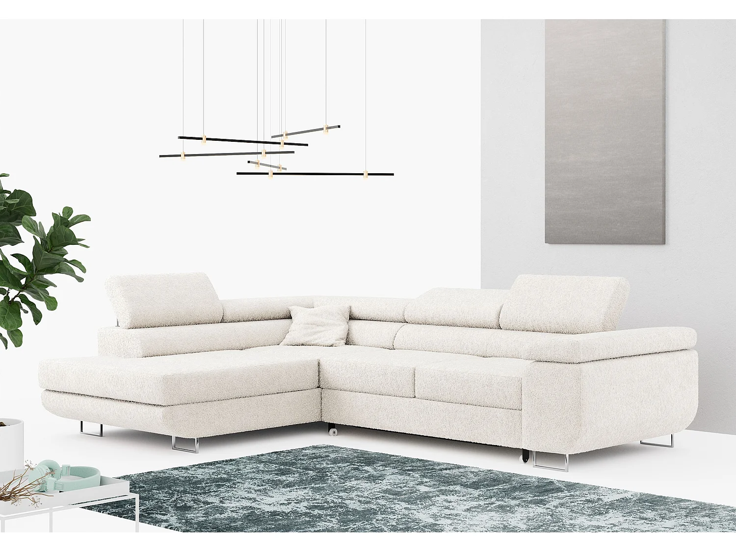 Ecksofa GUSTAW - mit Schlaffunktion, verstellbare Kopfstützen, Metallbeine - Weiß Boucle - Ecke Links