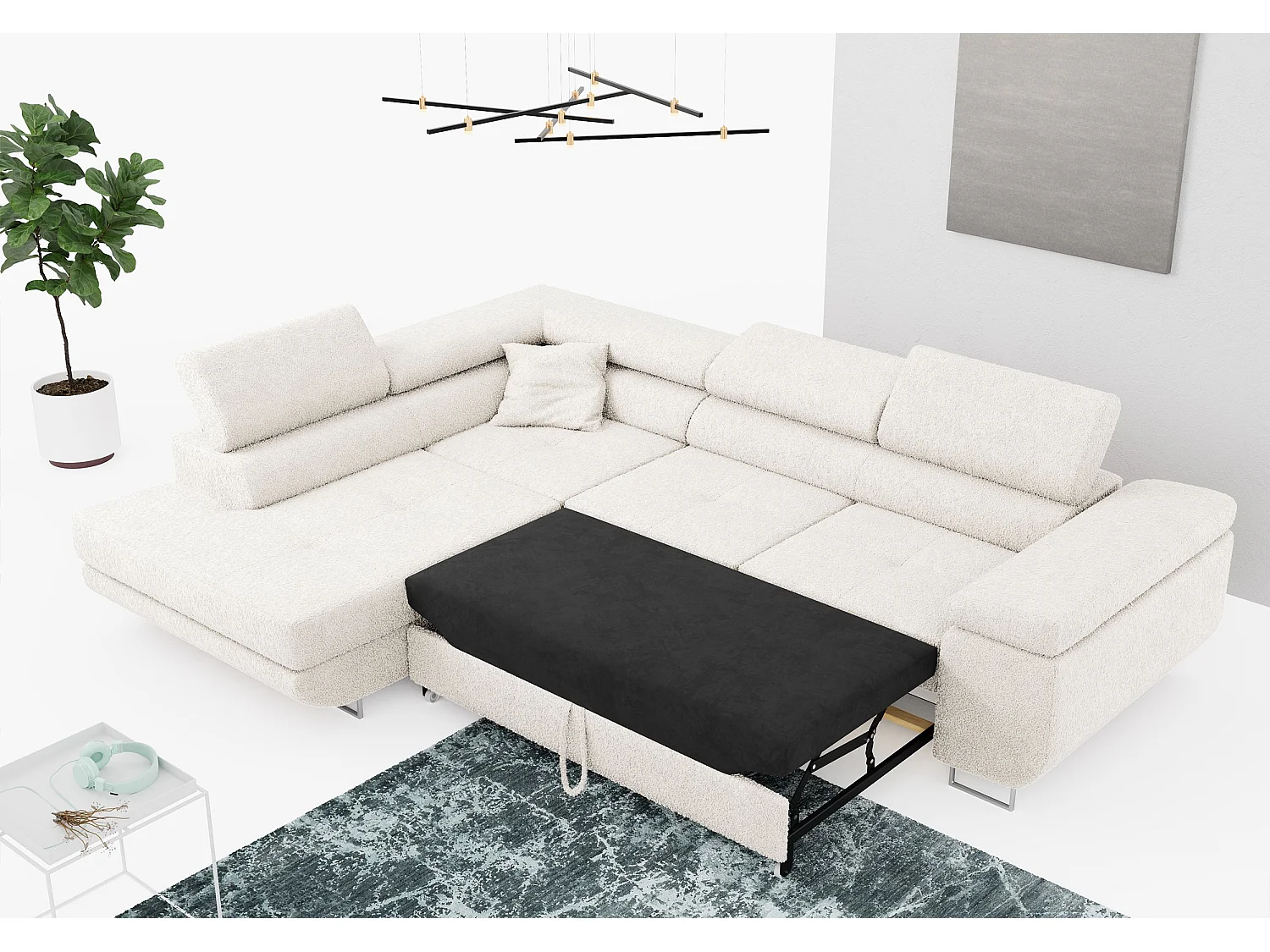 Ecksofa GUSTAW - mit Schlaffunktion, verstellbare Kopfstützen, Metallbeine - Weiß Boucle - Ecke Links