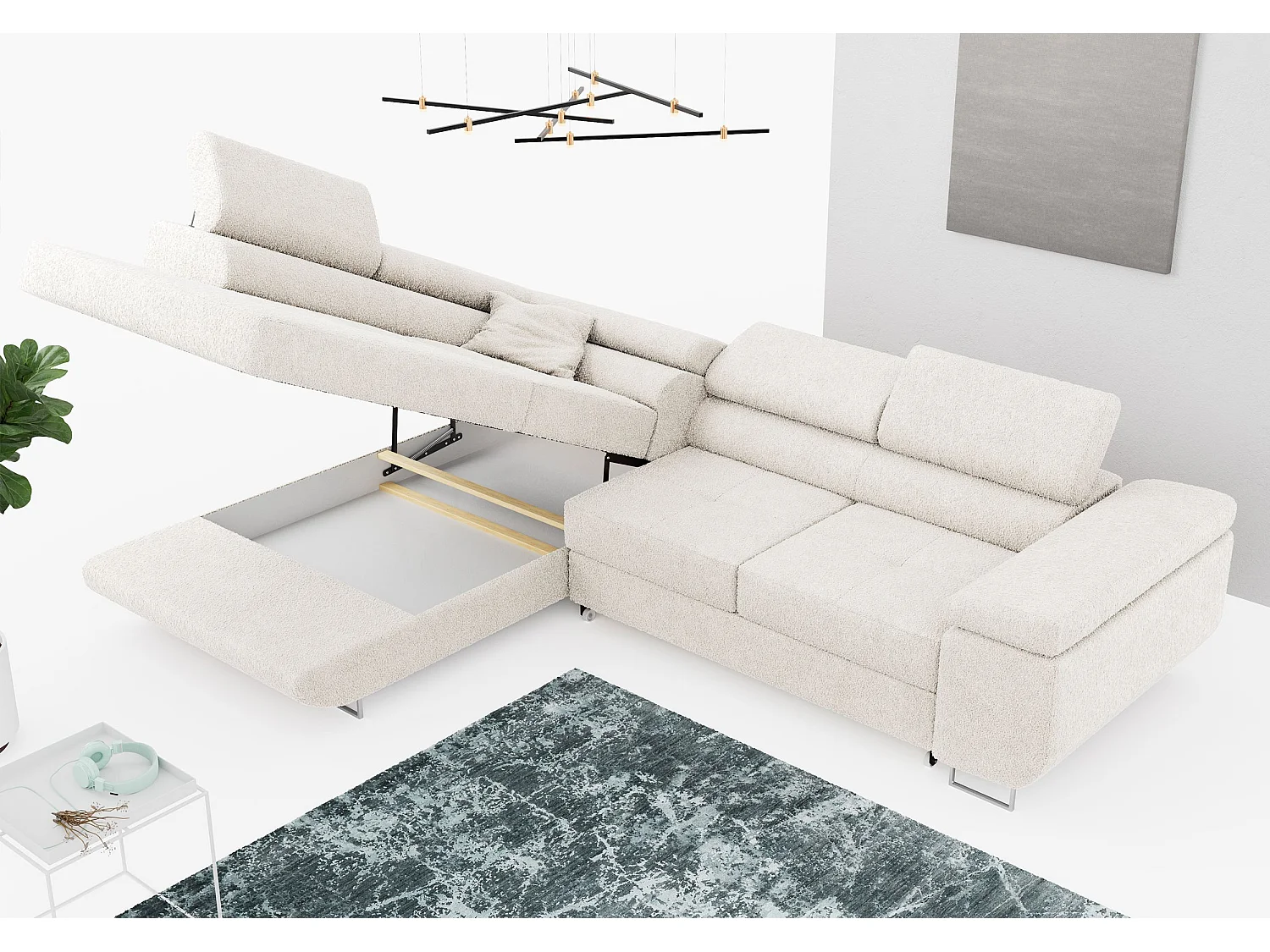 Ecksofa GUSTAW - mit Schlaffunktion, verstellbare Kopfstützen, Metallbeine - Weiß Boucle - Ecke Links