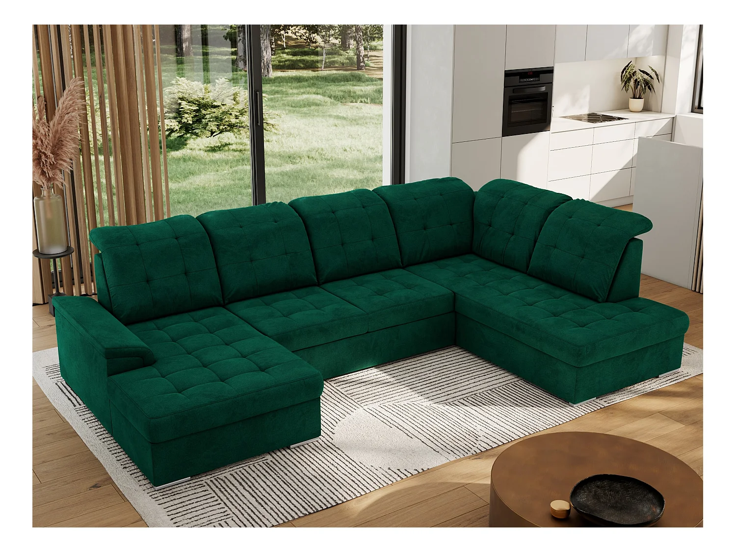 Ecksofa MADRITO U - mit verstellbarer Rückenlehne, Armlehne, L-förmige Ecke, Bettkasten - Dunkelgrün Velvet - Ecke Rechts