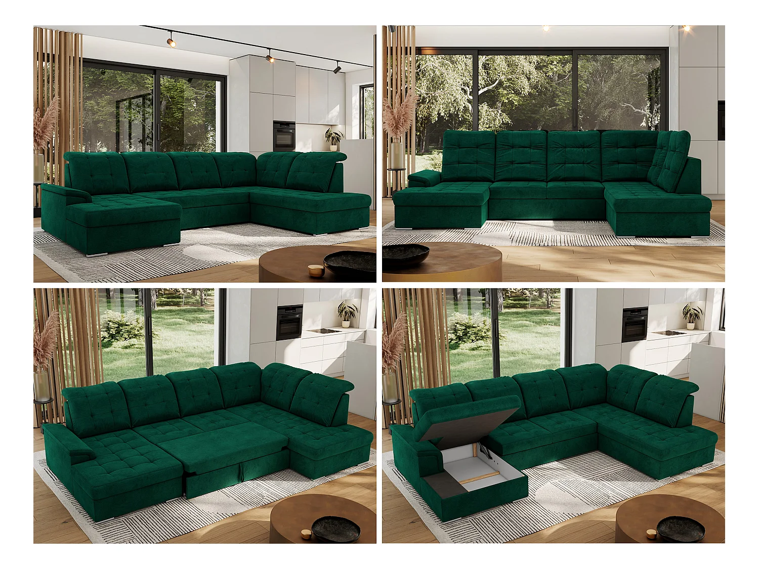 Ecksofa MADRITO U - mit verstellbarer Rückenlehne, Armlehne, L-förmige Ecke, Bettkasten - Dunkelgrün Velvet - Ecke Rechts