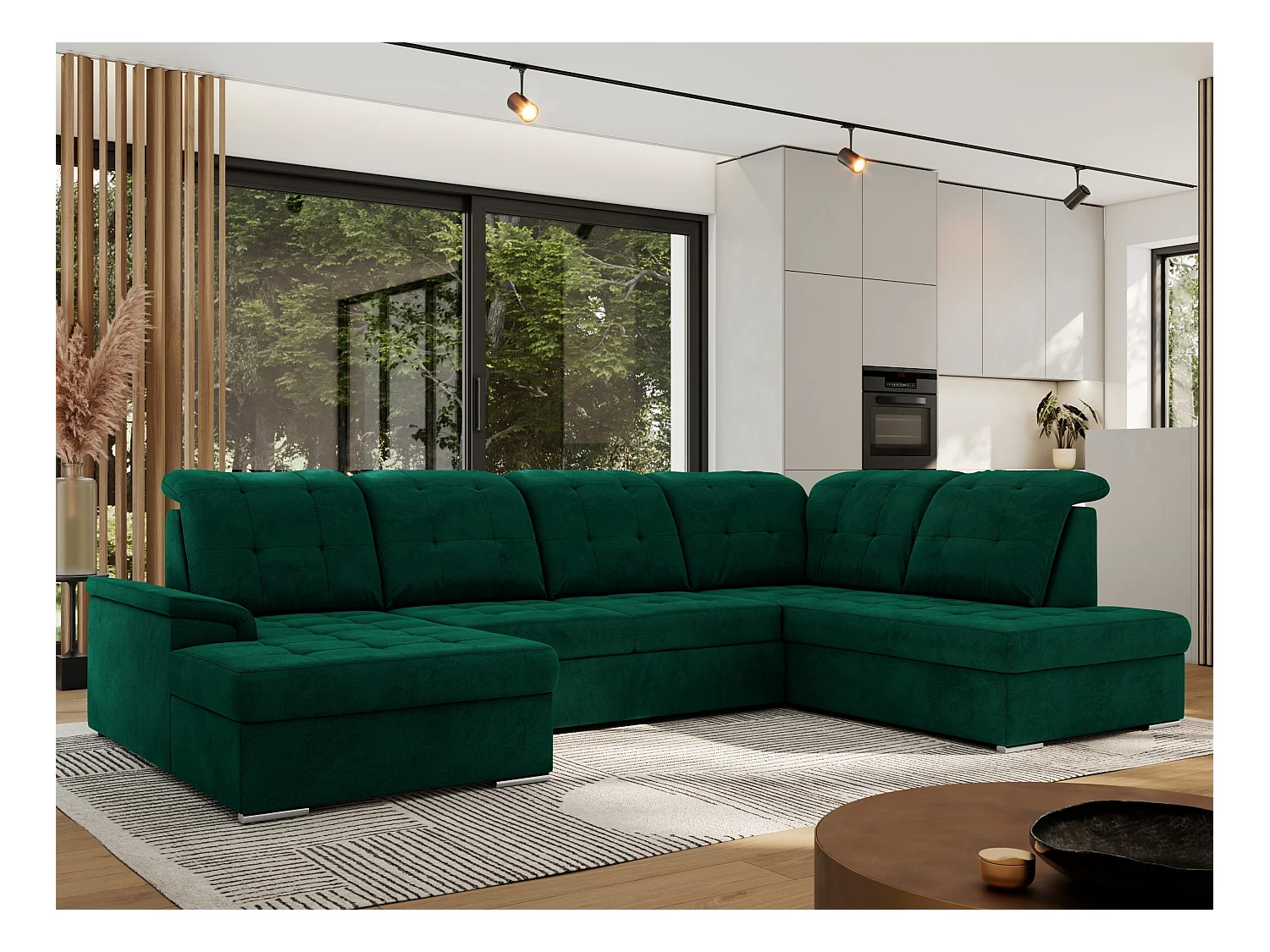 Ecksofa MADRITO U - mit verstellbarer Rückenlehne, Armlehne, L-förmige Ecke, Bettkasten - Dunkelgrün Velvet - Ecke Rechts