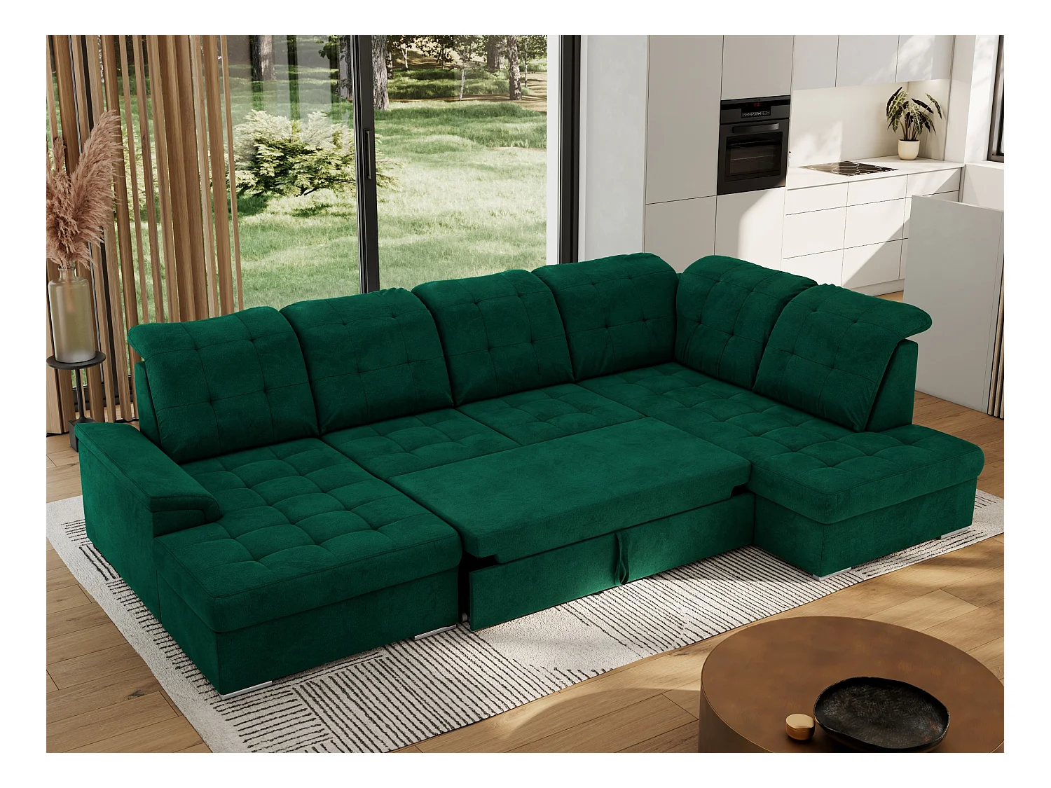 Ecksofa MADRITO U - mit verstellbarer Rückenlehne, Armlehne, L-förmige Ecke, Bettkasten - Dunkelgrün Velvet - Ecke Rechts