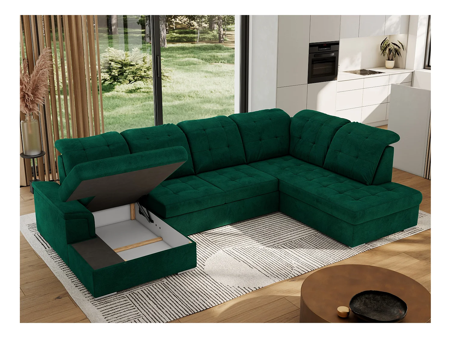 Ecksofa MADRITO U - mit verstellbarer Rückenlehne, Armlehne, L-förmige Ecke, Bettkasten - Dunkelgrün Velvet - Ecke Rechts