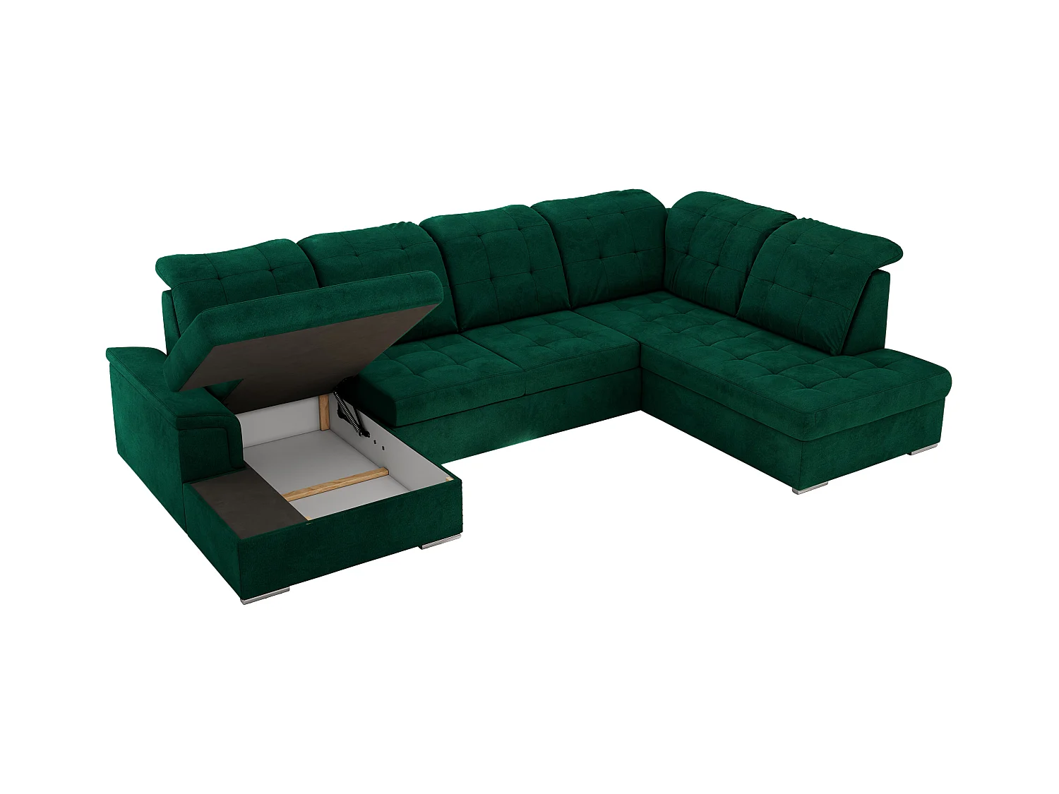 Ecksofa MADRITO U - mit verstellbarer Rückenlehne, Armlehne, L-förmige Ecke, Bettkasten - Dunkelgrün Velvet - Ecke Rechts