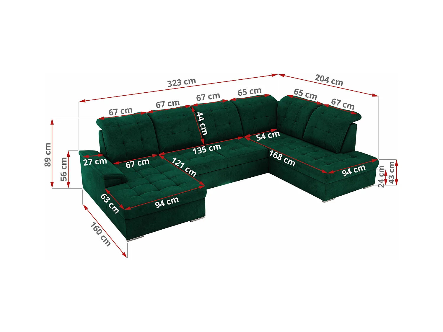 Ecksofa MADRITO U - mit verstellbarer Rückenlehne, Armlehne, L-förmige Ecke, Bettkasten - Dunkelgrün Velvet - Ecke Rechts