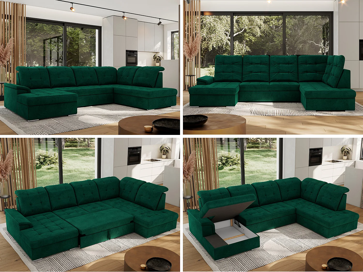 Ecksofa MADRITO U - mit verstellbarer Rückenlehne, Armlehne, L-förmige Ecke, Bettkasten - Dunkelgrün Velvet - Ecke Rechts