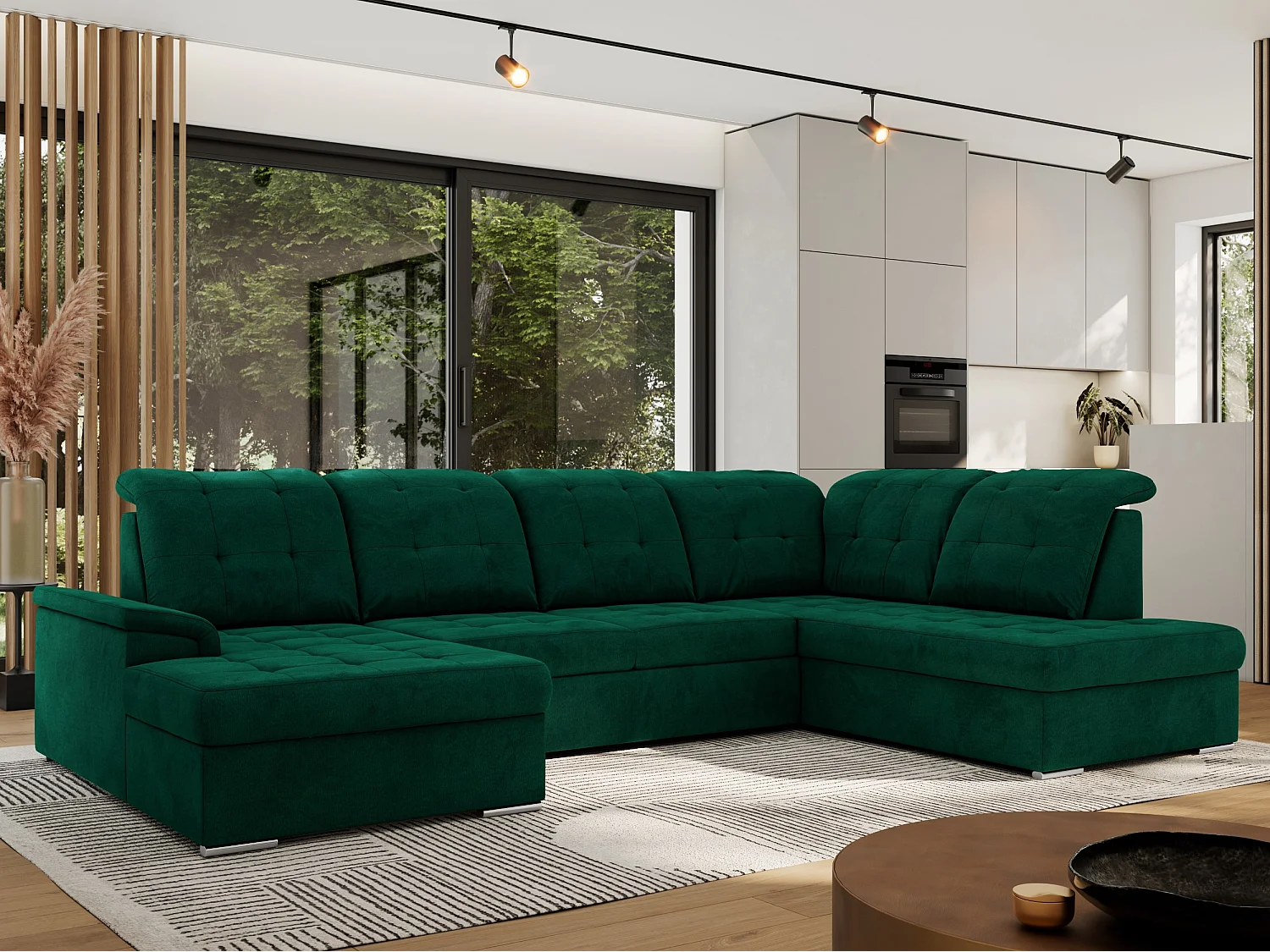 Ecksofa MADRITO U - mit verstellbarer Rückenlehne, Armlehne, L-förmige Ecke, Bettkasten - Dunkelgrün Velvet - Ecke Rechts