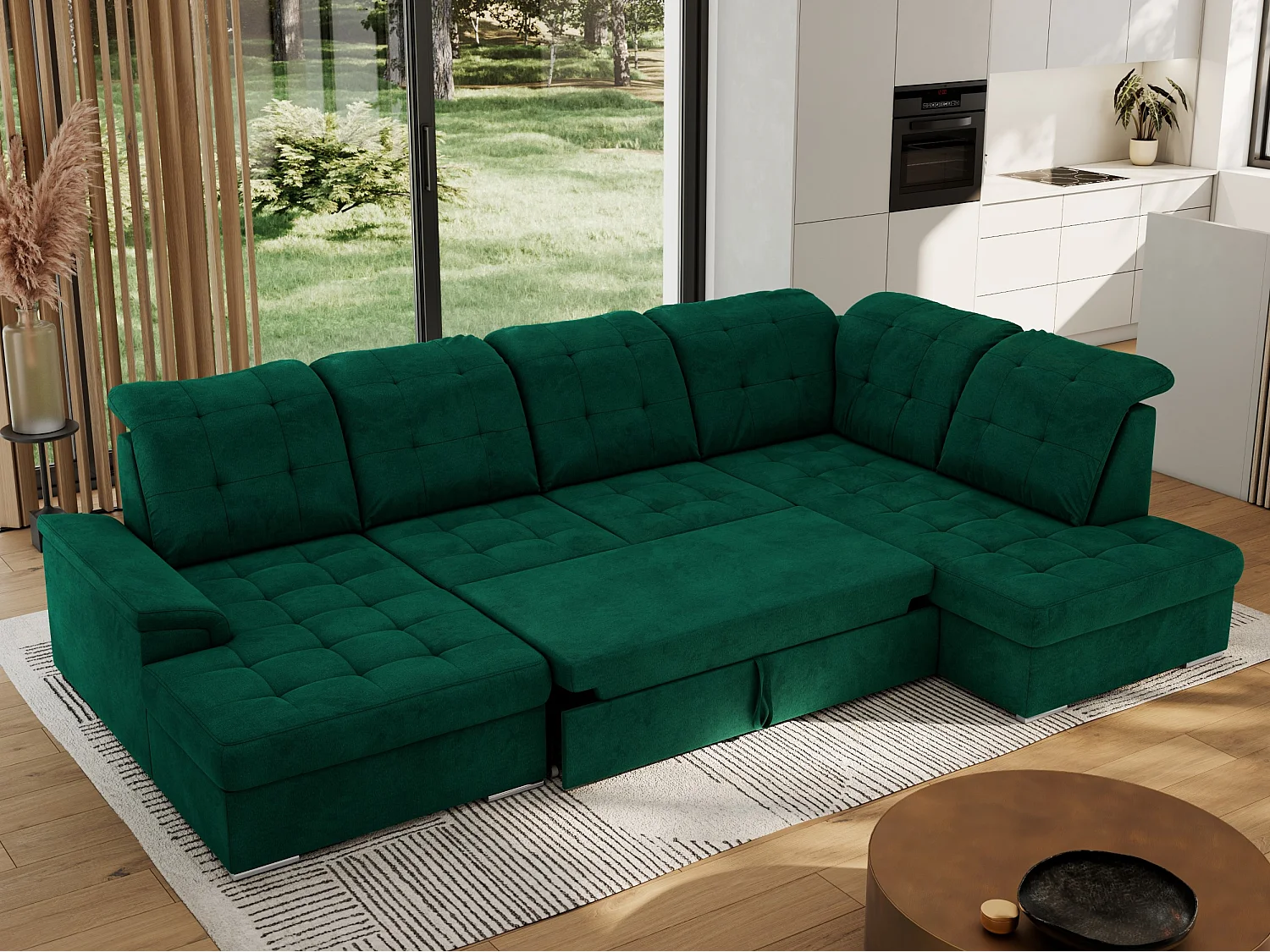 Ecksofa MADRITO U - mit verstellbarer Rückenlehne, Armlehne, L-förmige Ecke, Bettkasten - Dunkelgrün Velvet - Ecke Rechts