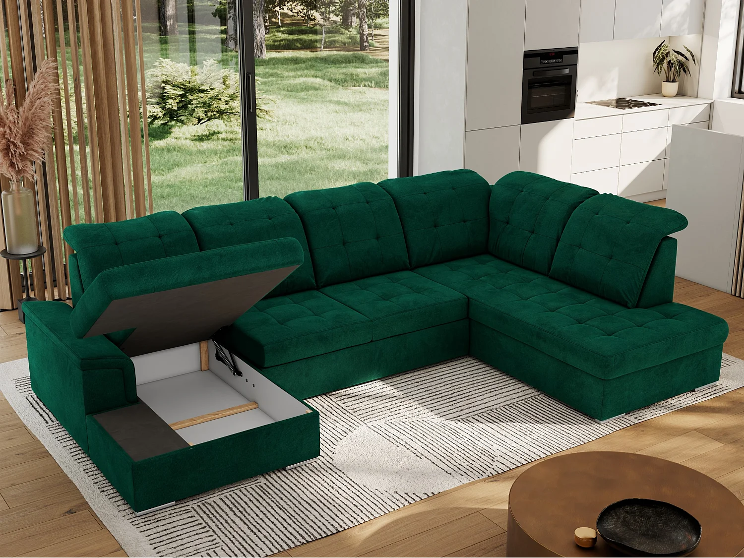 Ecksofa MADRITO U - mit verstellbarer Rückenlehne, Armlehne, L-förmige Ecke, Bettkasten - Dunkelgrün Velvet - Ecke Rechts