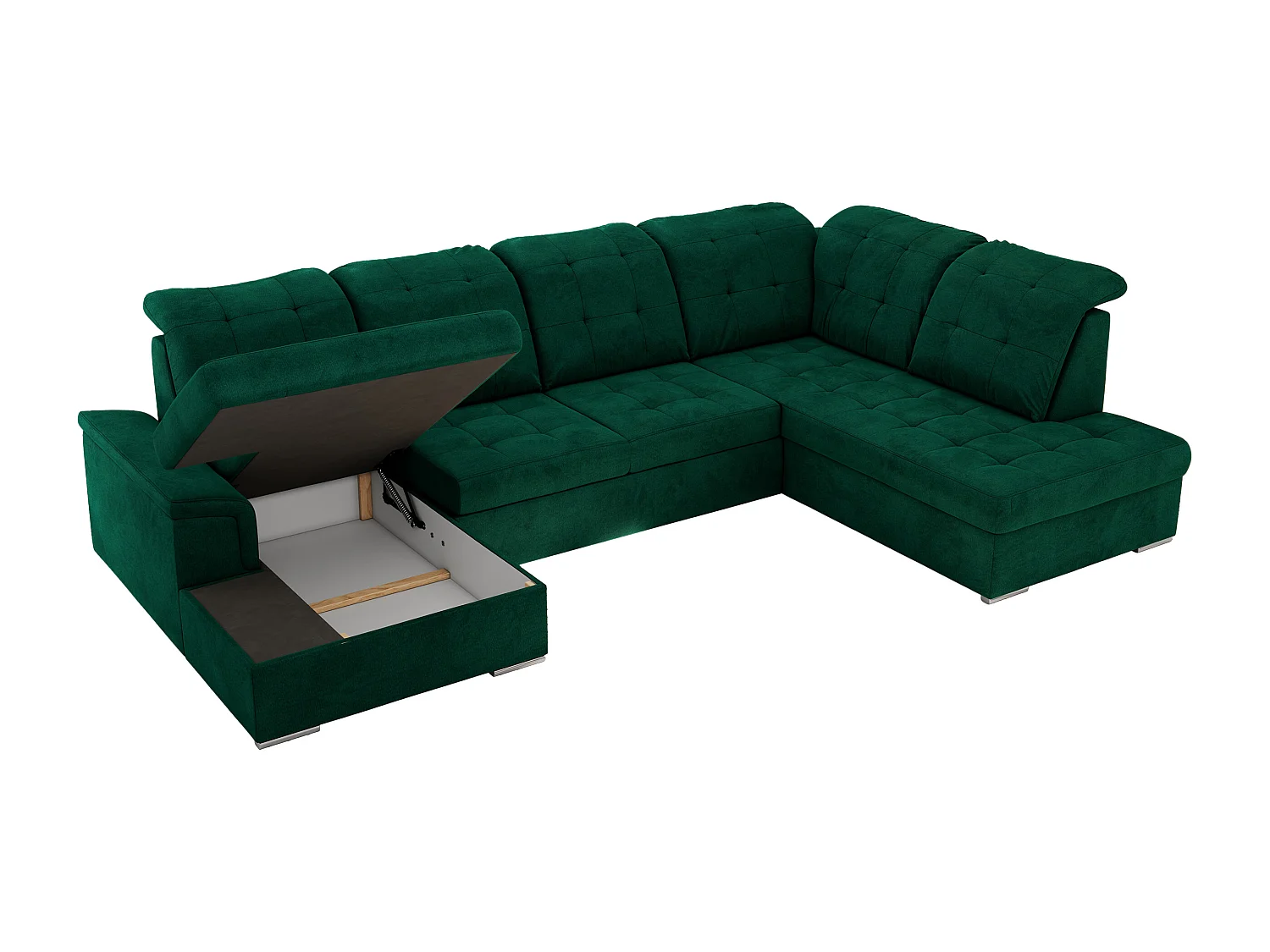 Ecksofa MADRITO U - mit verstellbarer Rückenlehne, Armlehne, L-förmige Ecke, Bettkasten - Dunkelgrün Velvet - Ecke Rechts