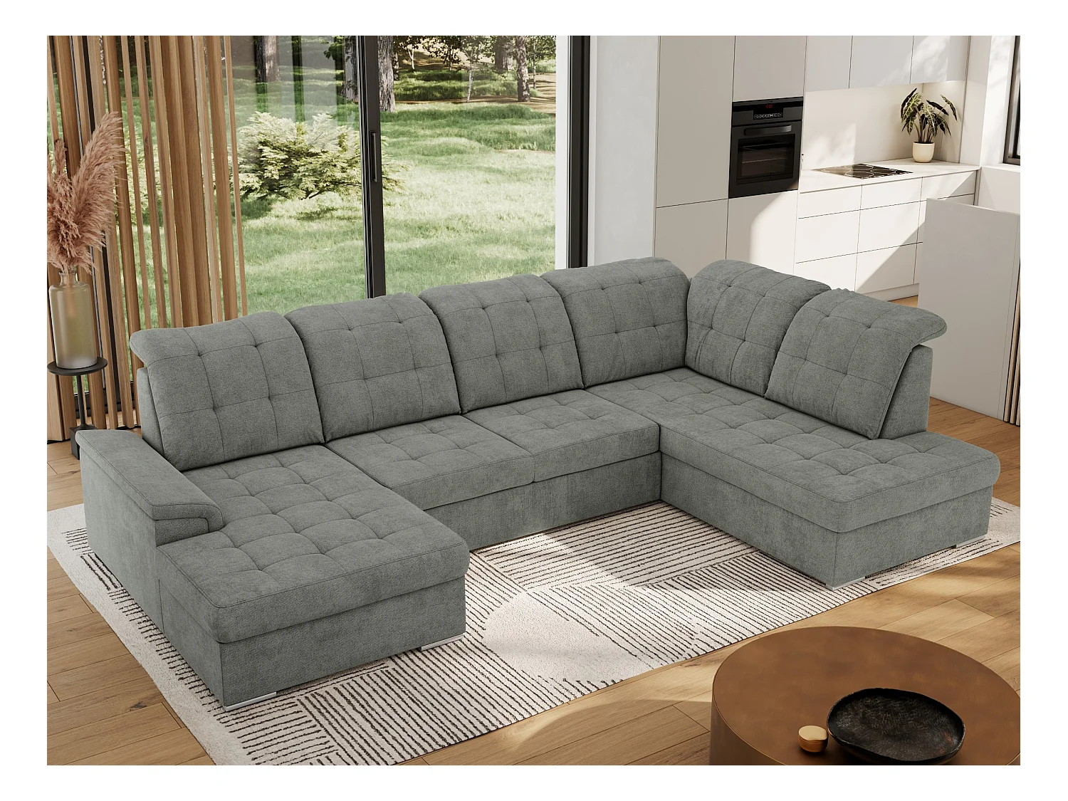 Ecksofa MADRITO U - mit verstellbarer Rückenlehne, Armlehne, L-förmige Ecke, Bettkasten - Grau Struktur - Ecke Rechts