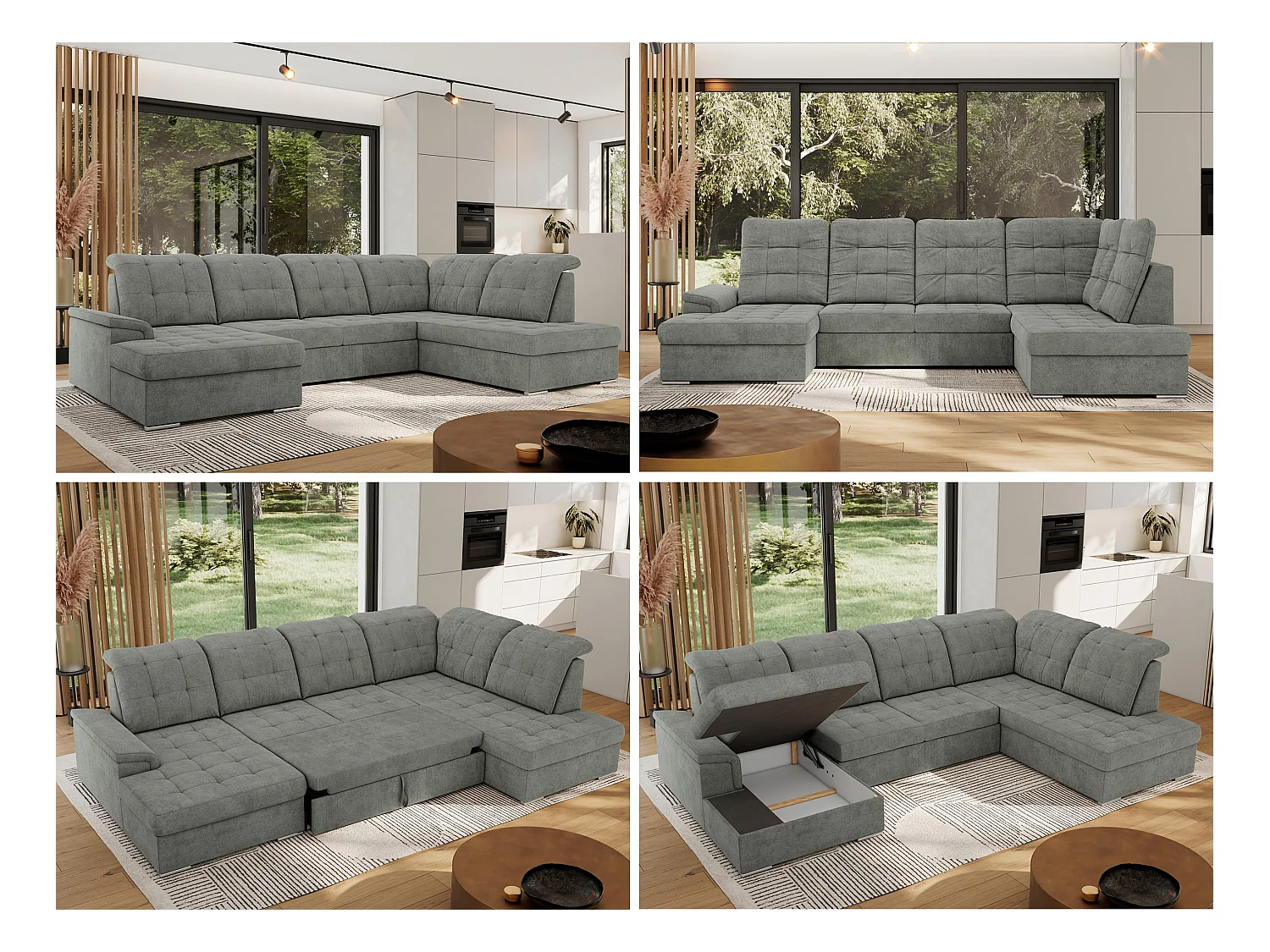 Ecksofa MADRITO U - mit verstellbarer Rückenlehne, Armlehne, L-förmige Ecke, Bettkasten - Grau Struktur - Ecke Rechts