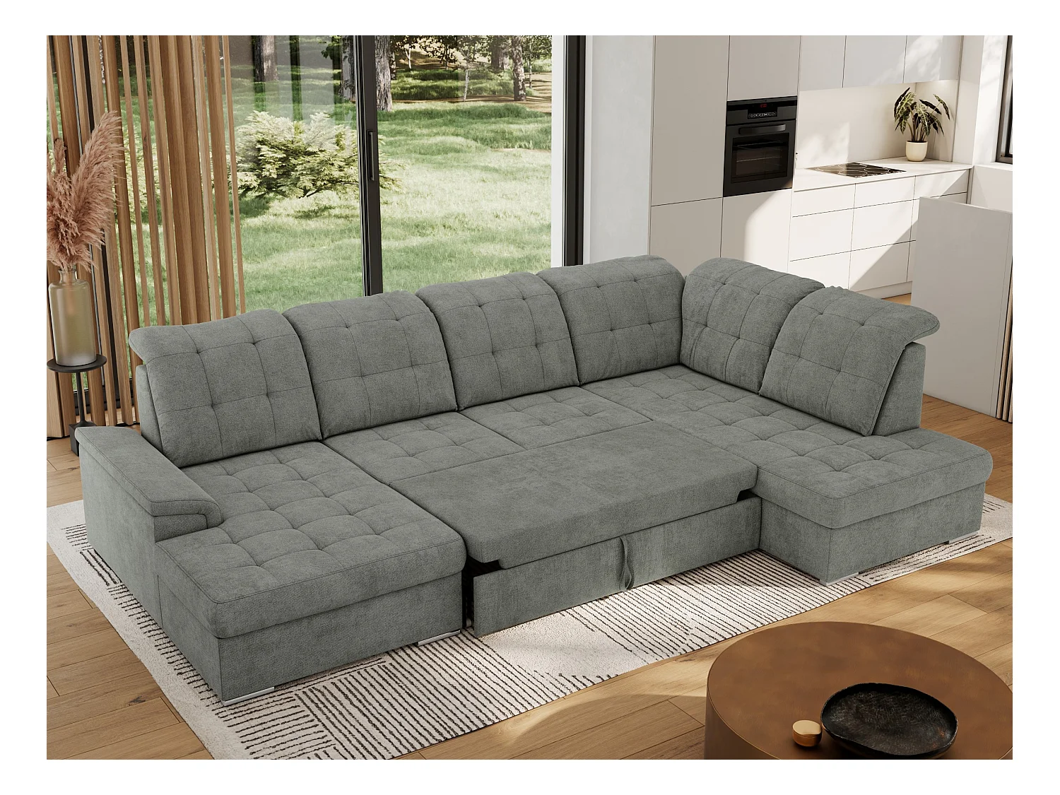 Ecksofa MADRITO U - mit verstellbarer Rückenlehne, Armlehne, L-förmige Ecke, Bettkasten - Grau Struktur - Ecke Rechts