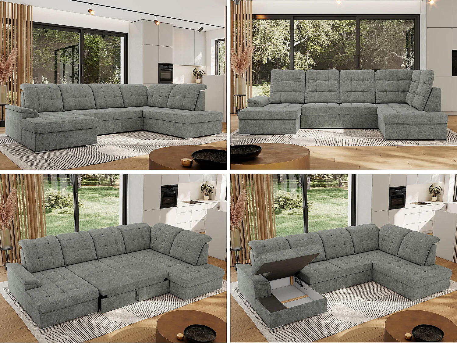 Ecksofa MADRITO U - mit verstellbarer Rückenlehne, Armlehne, L-förmige Ecke, Bettkasten - Grau Struktur - Ecke Rechts