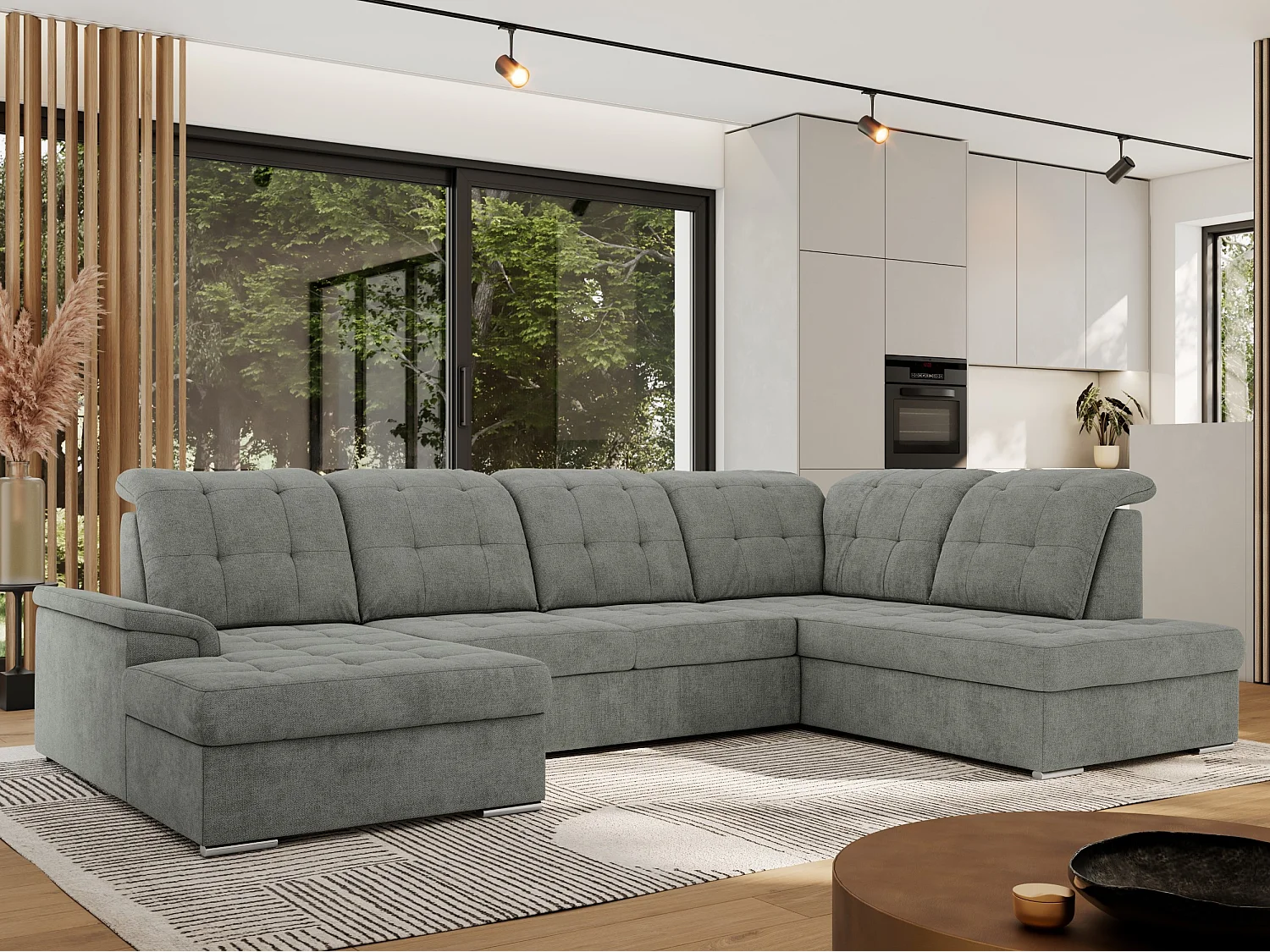 Ecksofa MADRITO U - mit verstellbarer Rückenlehne, Armlehne, L-förmige Ecke, Bettkasten - Grau Struktur - Ecke Rechts