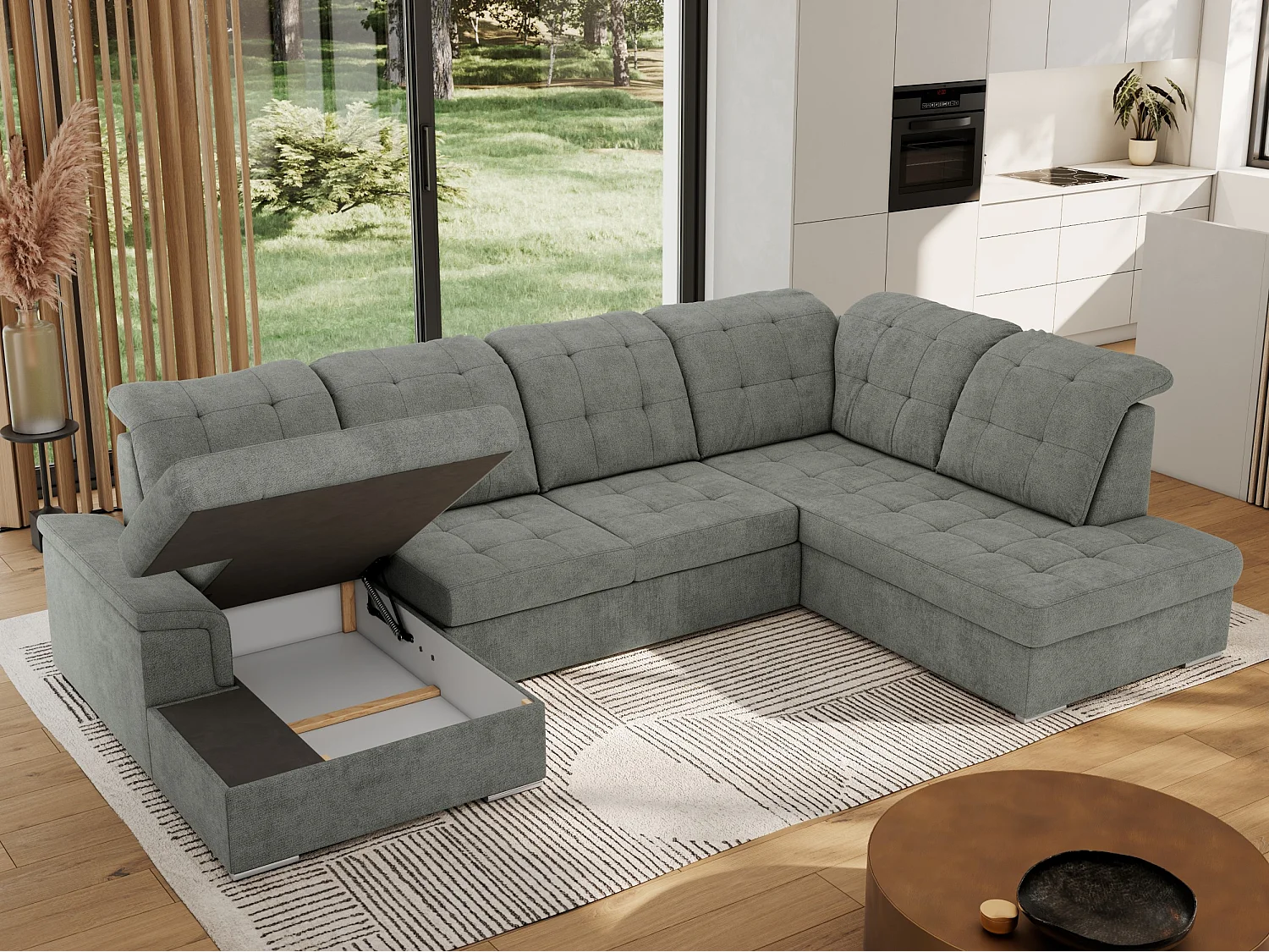 Ecksofa MADRITO U - mit verstellbarer Rückenlehne, Armlehne, L-förmige Ecke, Bettkasten - Grau Struktur - Ecke Rechts