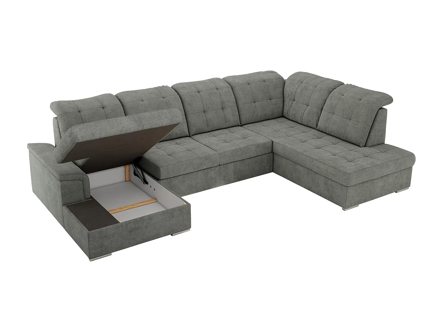 Ecksofa MADRITO U - mit verstellbarer Rückenlehne, Armlehne, L-förmige Ecke, Bettkasten - Grau Struktur - Ecke Rechts