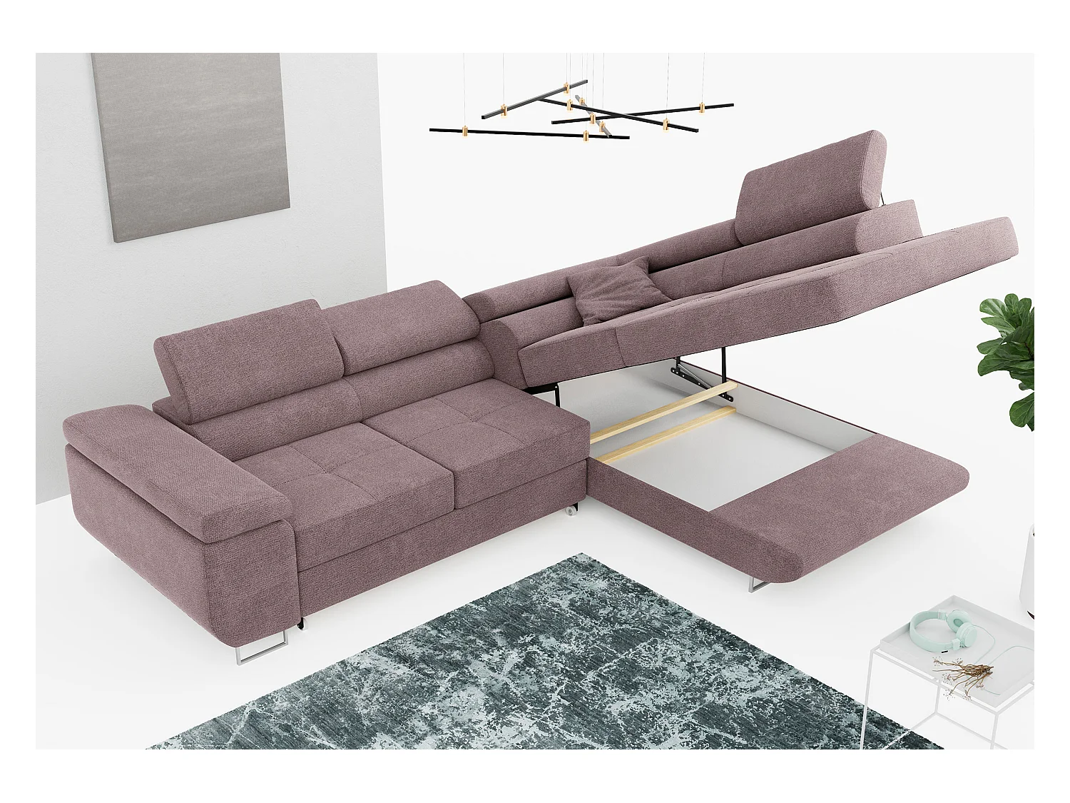 Ecksofa GUSTAW - mit Schlaffunktion, verstellbare Kopfstützen, Metallbeine - Rose Stukture - Ecke Rechts