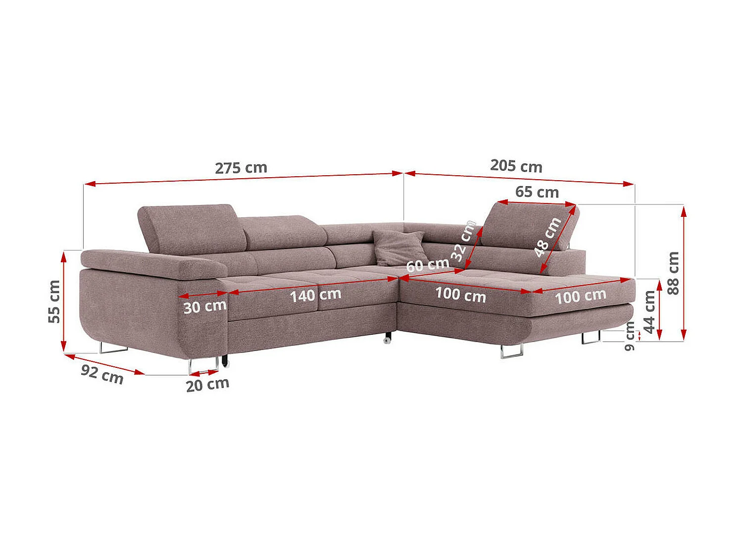 Ecksofa GUSTAW - mit Schlaffunktion, verstellbare Kopfstützen, Metallbeine - Rose Stukture - Ecke Rechts
