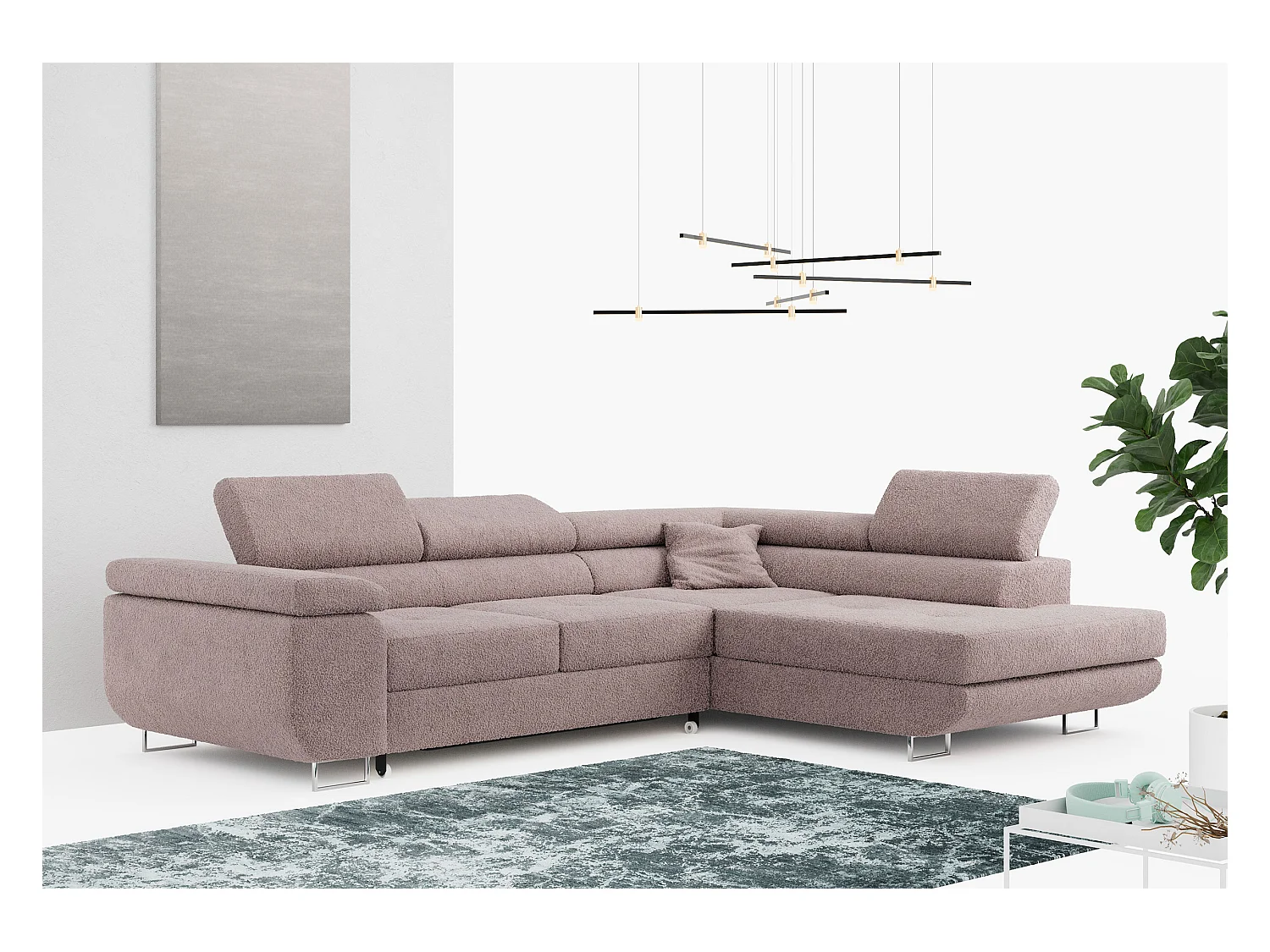 Ecksofa GUSTAW - mit Schlaffunktion, verstellbare Kopfstützen, Metallbeine - Rose Boucle - Ecke Rechts