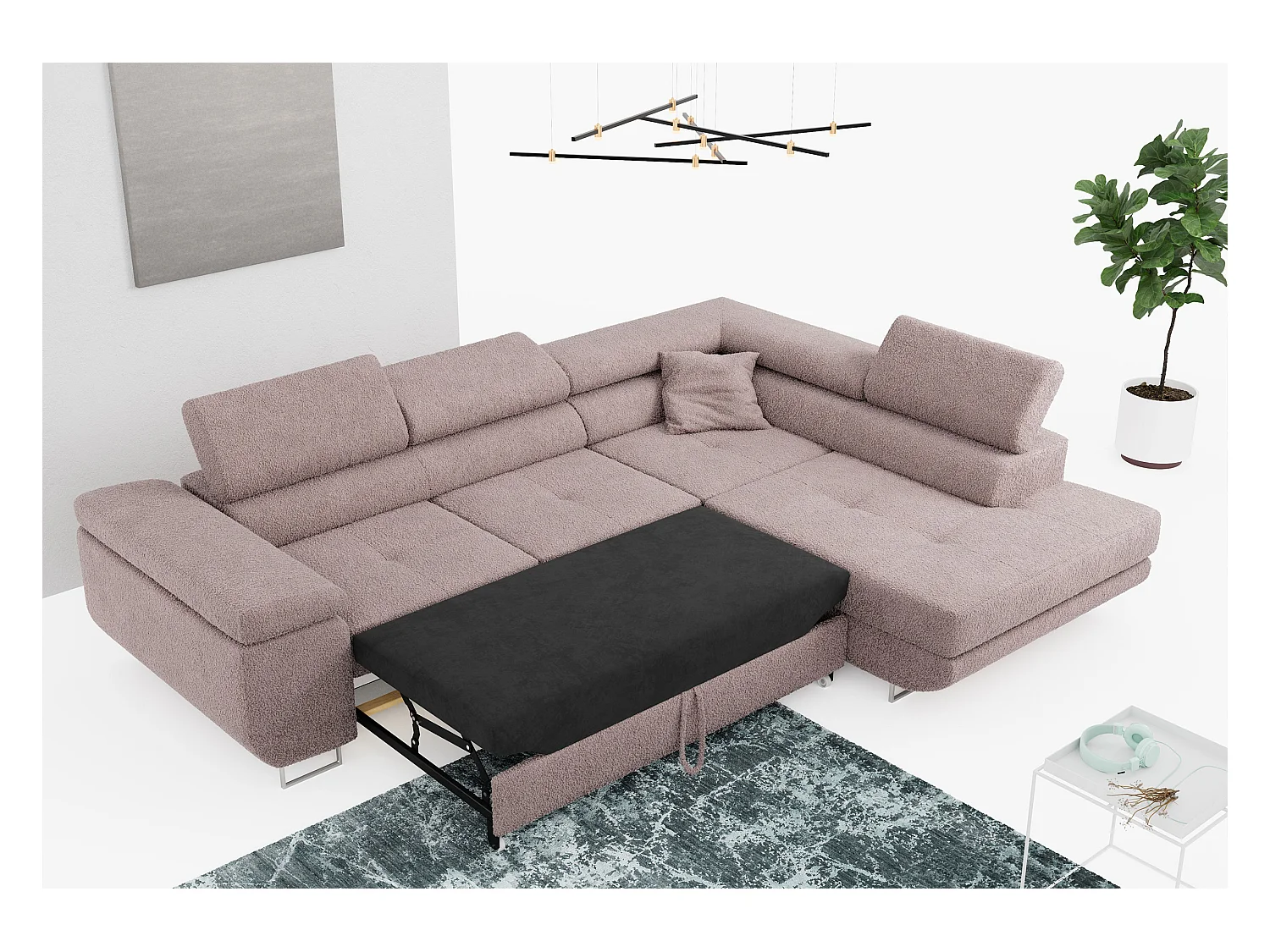 Ecksofa GUSTAW - mit Schlaffunktion, verstellbare Kopfstützen, Metallbeine - Rose Boucle - Ecke Rechts